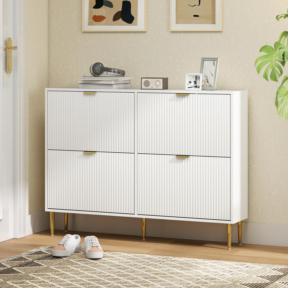 SCHUHSCHRANK DE-15042 4 Klapptüren mit Rillenfront & verstellbaren Böden Weiß - Weiß, Holzwerkstoff (105/91.5/24cm) - ComfortXL