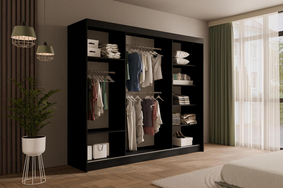 KLEIDERSCHRANK PAOKI - 250 cm - Schwarz - Schwarz, Holzwerkstoff (250/215/61cm) - ALTDECOR
