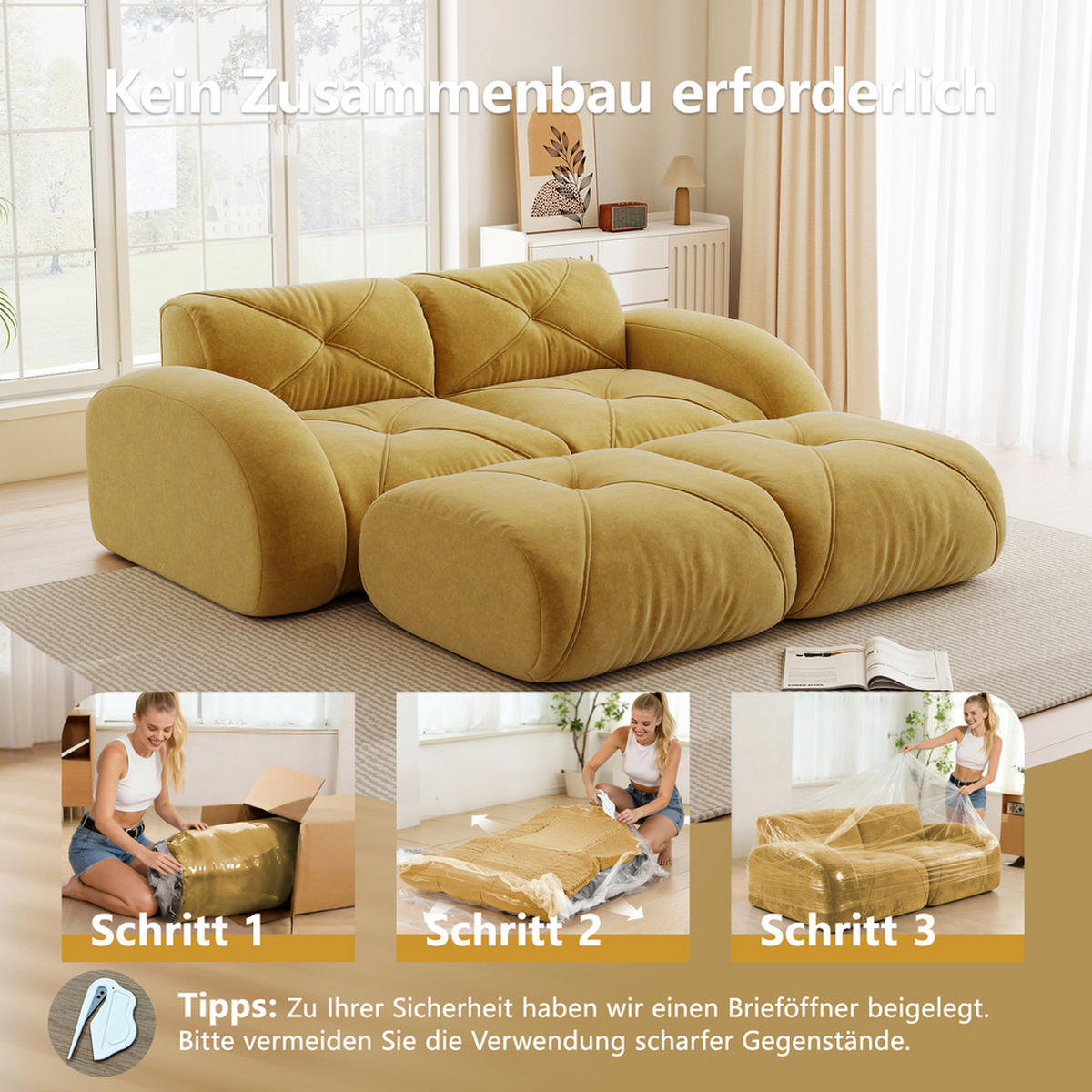 2-SITZER-SOFA Rahmenlos Mit Hocker 204x171cm Gelb Rutschfest - Gelb, Textil (171/76/204cm) - Raelunyi