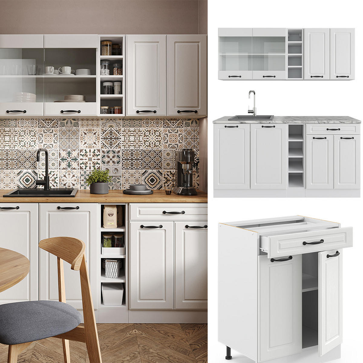 SINGLEKÜCHE R-Line Weiß Landhaus/Weiß 160 cm, AP Marmor - Creme/Weiß, Holzwerkstoff (160/81.6/60cm) - Vicco