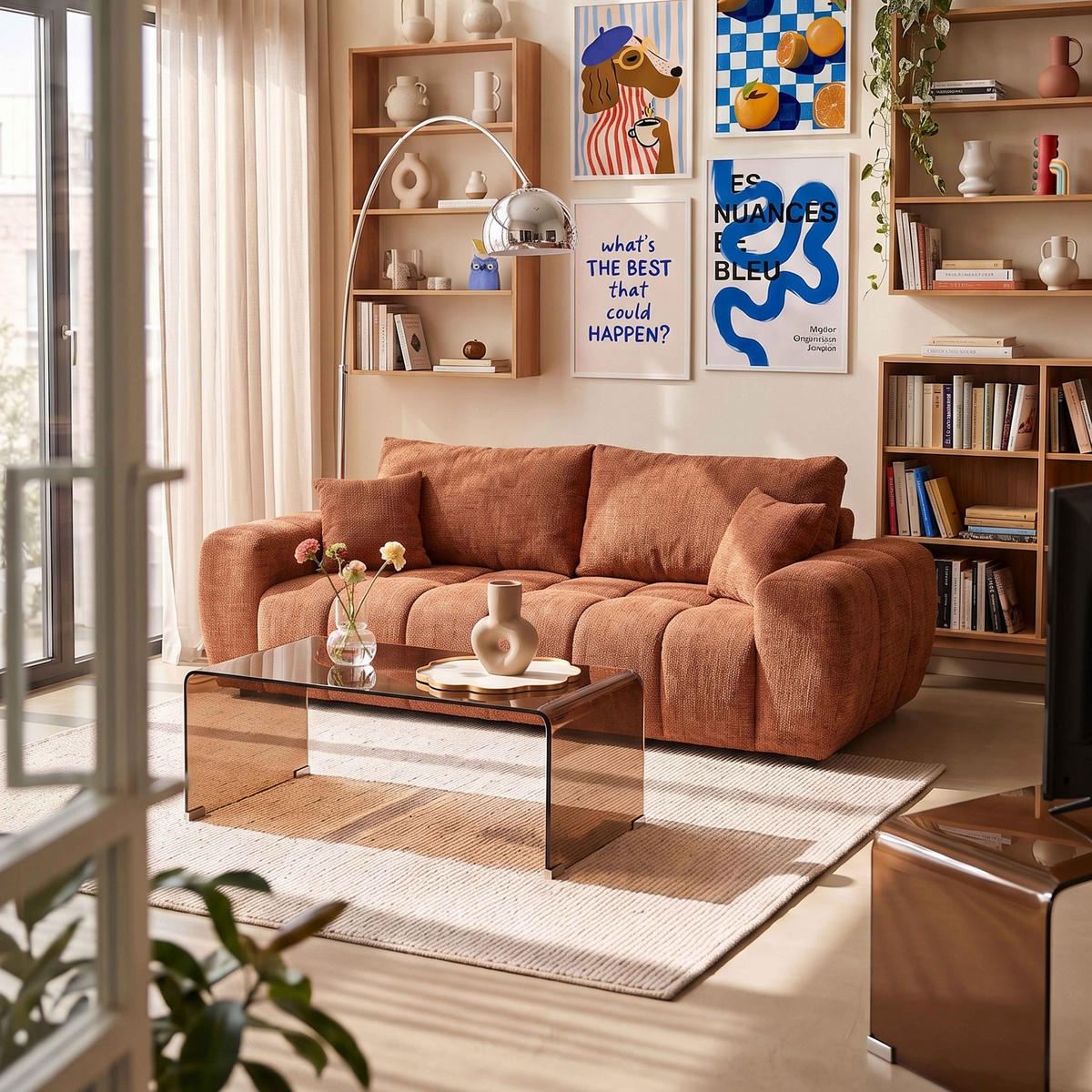 SOFA 3-Sitzer, Terrakotta - Rot, Holz/Textil (238/90/100cm) - Oviala