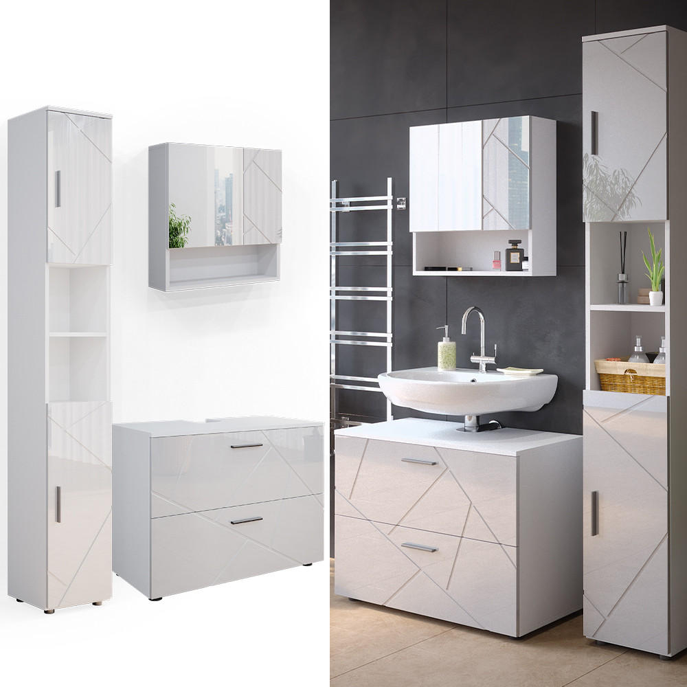 BADMÖBEL-SET Irma Weiß Hochglanz 3 Teile mit Schubladenschrank und Hochschrank - Weiß Hochglanz/Weiß, Holzwerkstoff (80/58.6/41cm) - Vicco