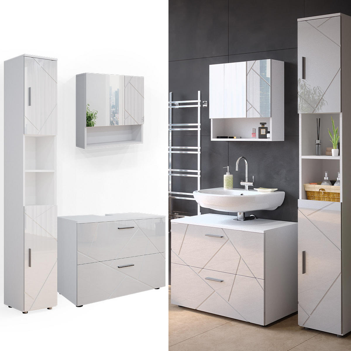 BADMÖBEL-SET Irma Weiß Hochglanz 3 Teile mit Schubladenschrank und Hochschrank - Weiß Hochglanz/Weiß, Holzwerkstoff (80/58.6/41cm) - Vicco