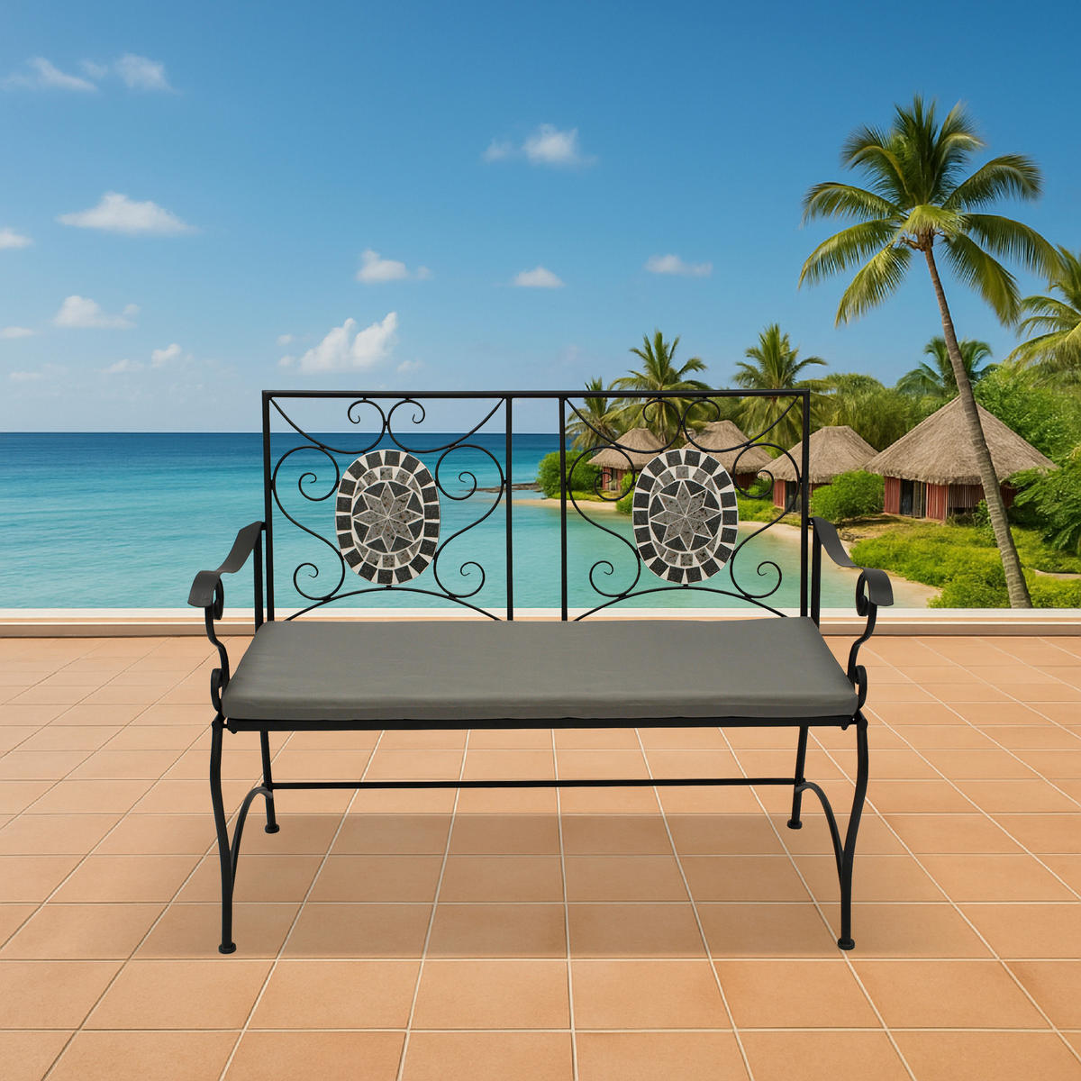 GARTENBANK Derby - 2-er-Sitzbank aus schwarz pulverbeschichtetem Eisen - Sitzfläche Kreuzmuster und Rückenfläche mit Mosaik - Schwarz, Metall (116/90/56cm) - TPFGarden
