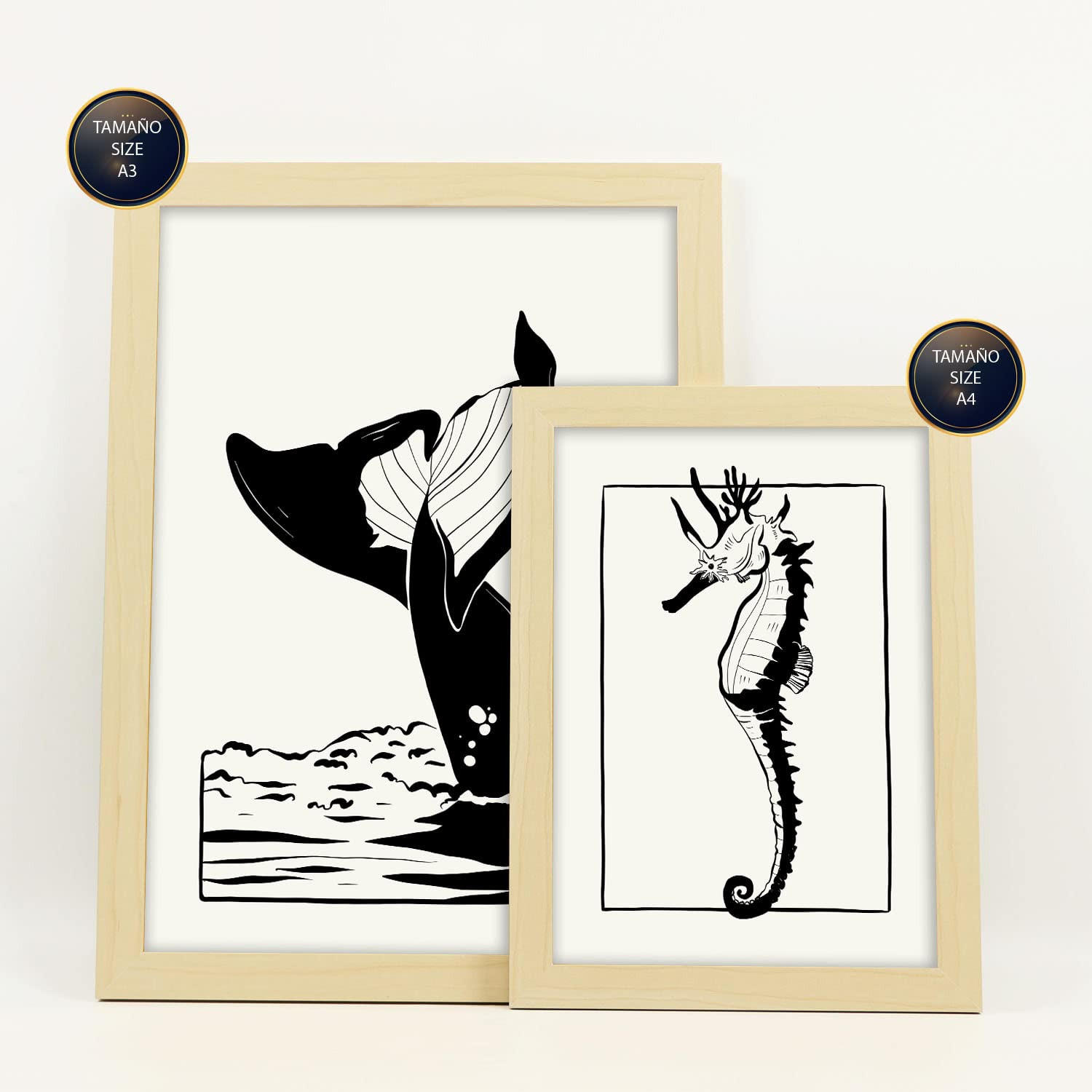 POSTER Set Mit 6 In Schwarzer Tinte Stachelrochen Und Wal Kunstdrucke Von Meer Und Ozean Für Innenarchitektur A3 & A4 Rahmen Aus Hellem Holz - Beige, Papier (29/3cm) - Nacnic