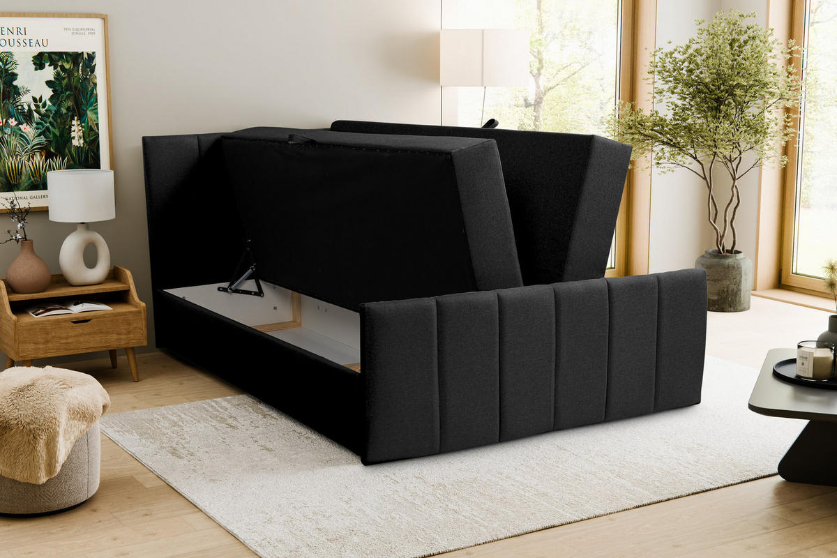 BOXBETT CLAUDINE mit 2 Bettkästen, 180x200, Farbe: Schwarz, Velourstoff, mit Bonell-Matratze inkl. Topper - Schwarz, Holz/Kunststoff (180/200cm) - VENASI MÖBEL