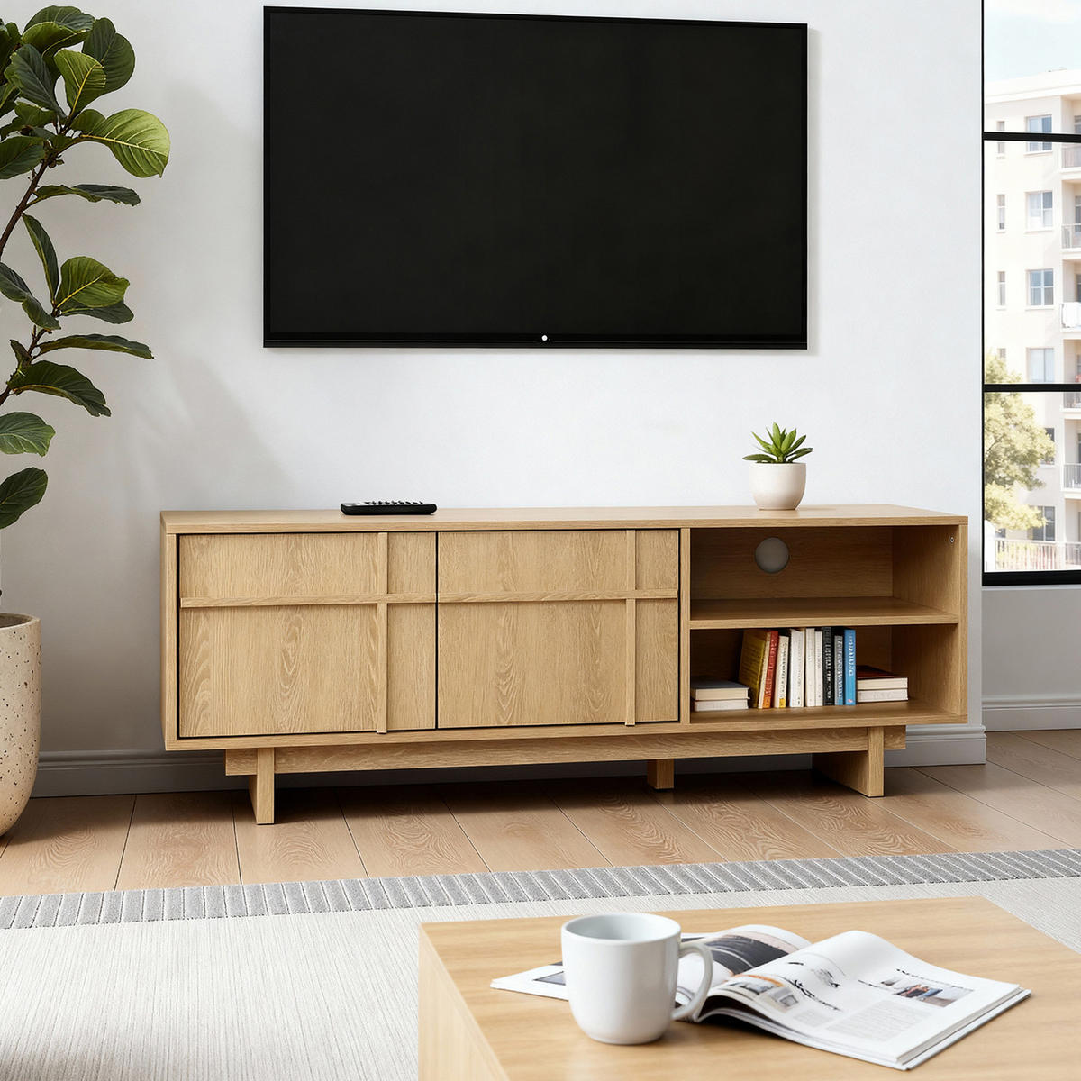 TV-SCHRANK im modernen skandinavischen Stil, TV-Lowboard mit 2 Türen & 2 Ablagen,Holzoptik | B140 x T40 x H50 cm - Braun, Holzwerkstoff (140/50/40cm) - Hometopia