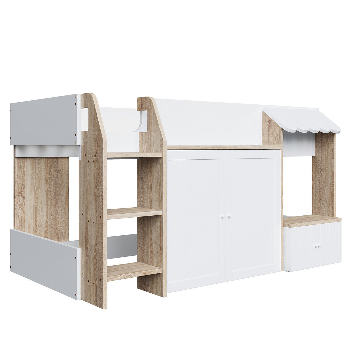 HOCHBETT mit Stauraum und Leiter 90x200 cm Weiß/Naturholz - Weiß, Holzwerkstoff (90/200cm) - Beauniv