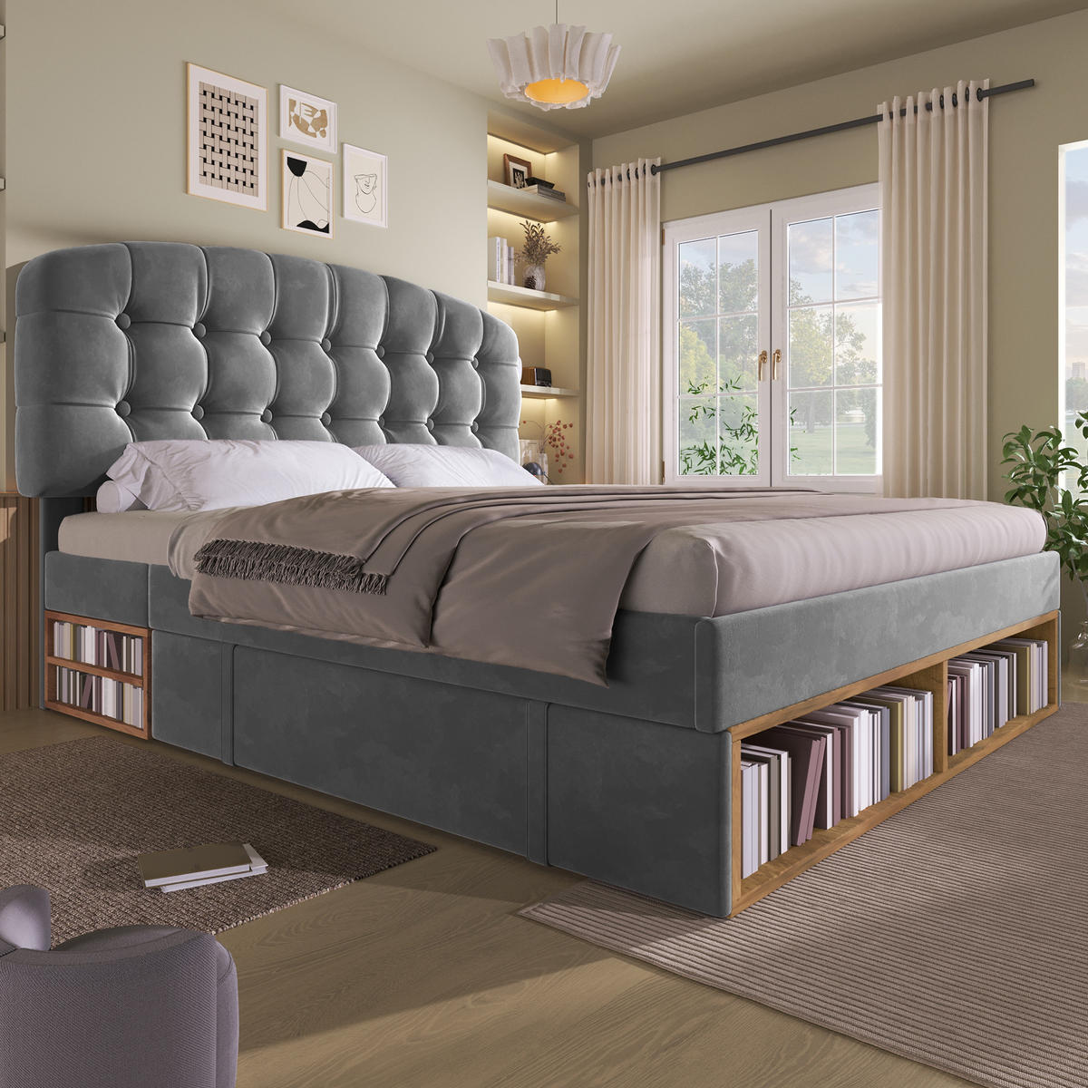 POLSTERBETT 140/200 cm in Grau Samt mit Schubladen, Regal und höhenverstellbarem Kopfteil - Grau, Holzwerkstoff/Textil (140/200cm) - WISHDOR