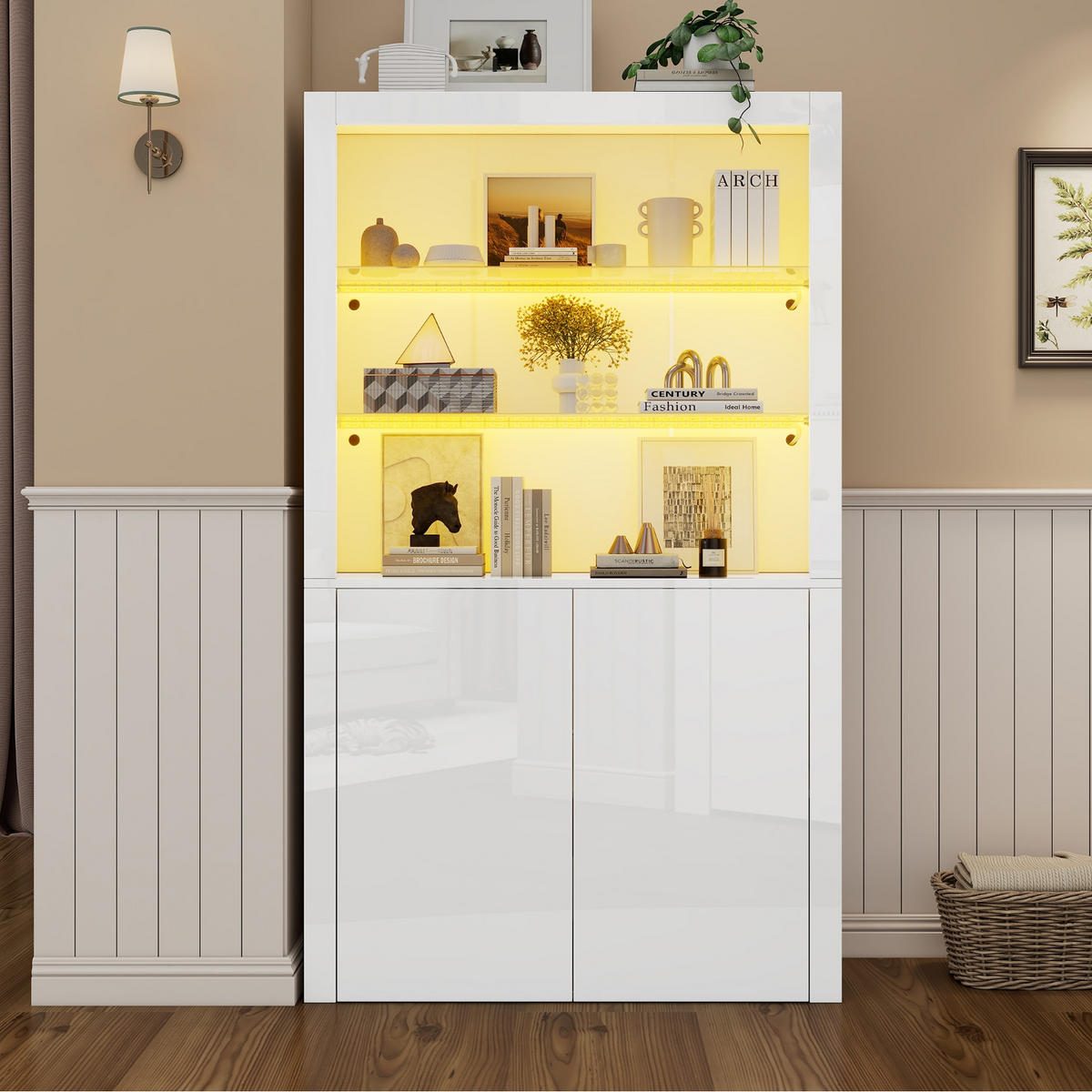 KÜCHENSCHRANK 100/170/35 cm, MDF, MIT LED-BELEUCHTUNG, Wohnzimmer Hochschrank - Weiß, Holzwerkstoff (35/170/100cm) - Rolipo