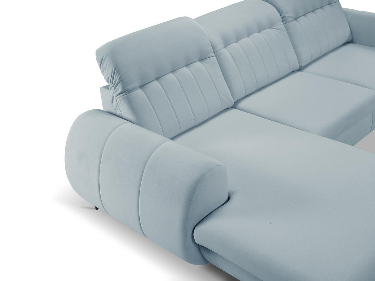 ECKSOFA PURO L-S Blau Plüsch-Stoff mit Schlaffunktion - Blau, Holz (275/166cm) - MASSENO