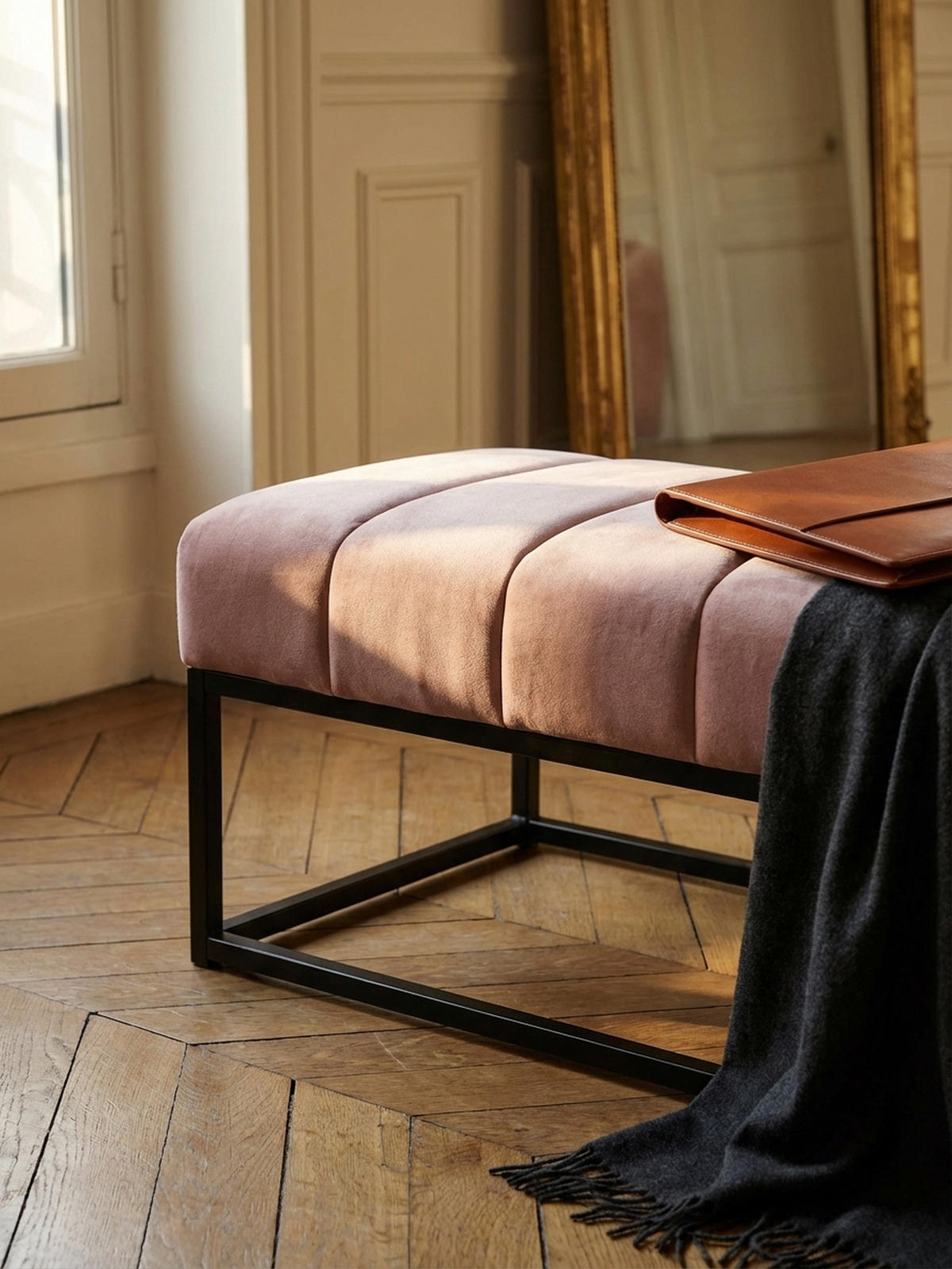 SITZBANK Samt Metallgestell gepolstert, Rosa 108x40x40 cm - Pink/Schwarz, Textil/Metall (108/40/40cm) - KADIMA DESIGN