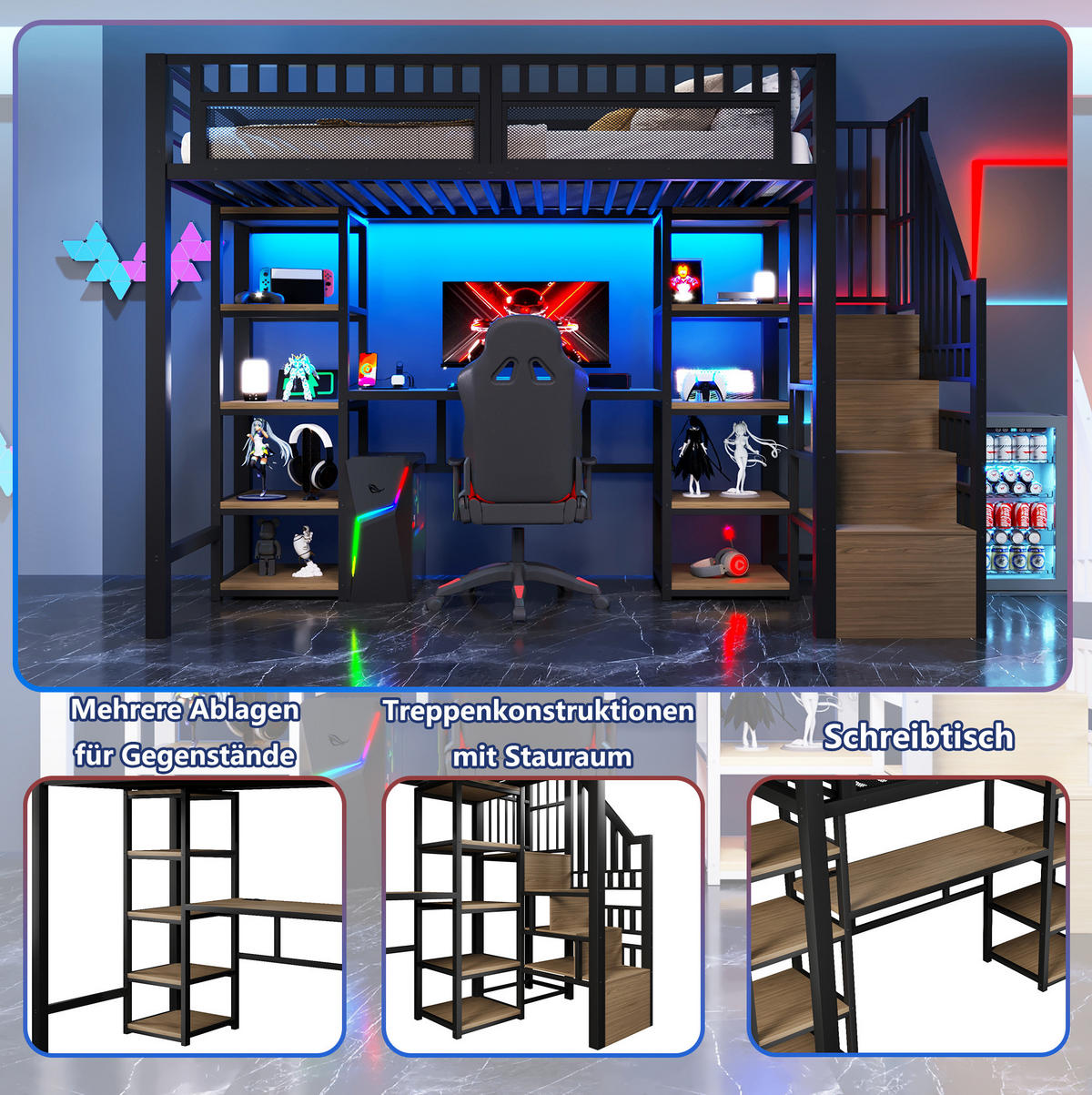 HOCHBETT 90/200 cm mit Schreibtisch, LED-Lichtleiste, USB-Anschluss und Stauraumleiter, Metall/MDF, Schwarz - Schwarz, Metall (90/200cm) - Redom