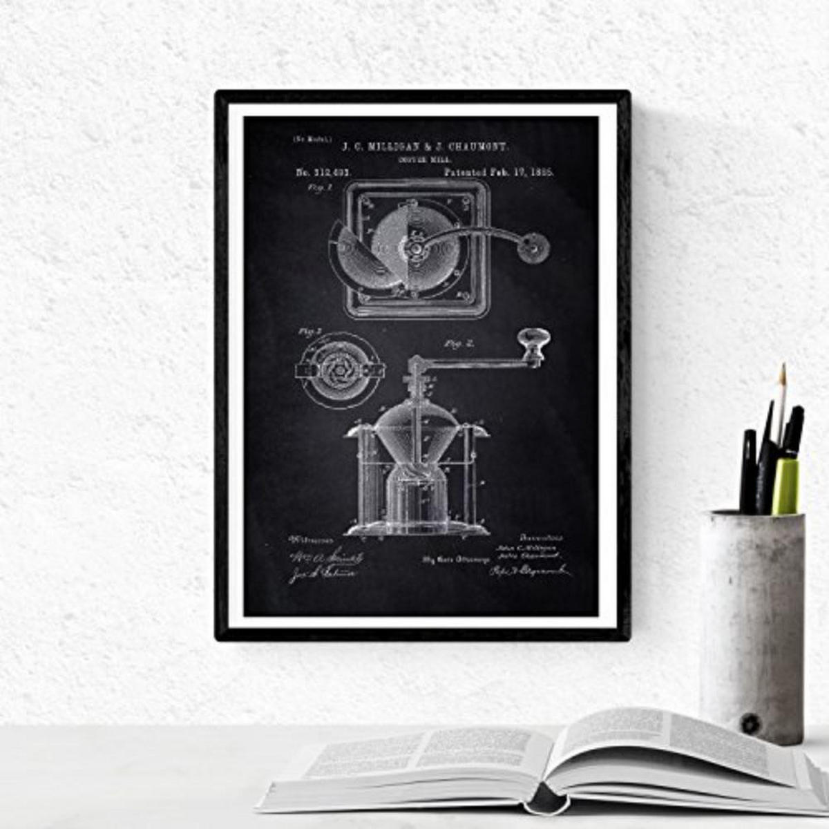 POSTER Set mit 4 Schwarz cafeteras Patenten A4 Schwarzer Rahmen - Schwarz, Papier (29.7/3cm) - Nacnic