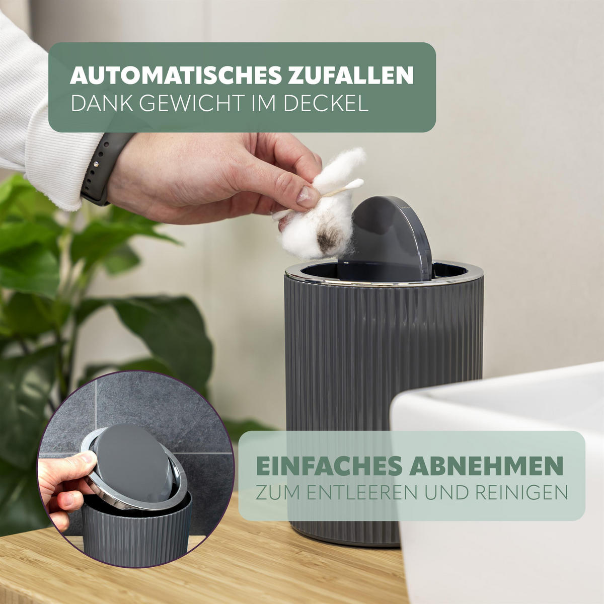 MINI-KOSMETIKEIMER 1,5 Liter, GAVELLO grau, Kunststoff - Grau, Kunststoff (12.5/16.3/12.5cm) - bremermann