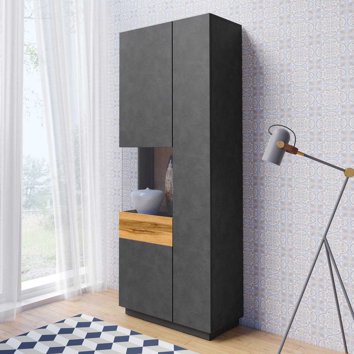 VITRINA Andrea Ugljenosivi sivi i drvo - siva, drvni materijal (80/207/40cm) - Petits-meubles
