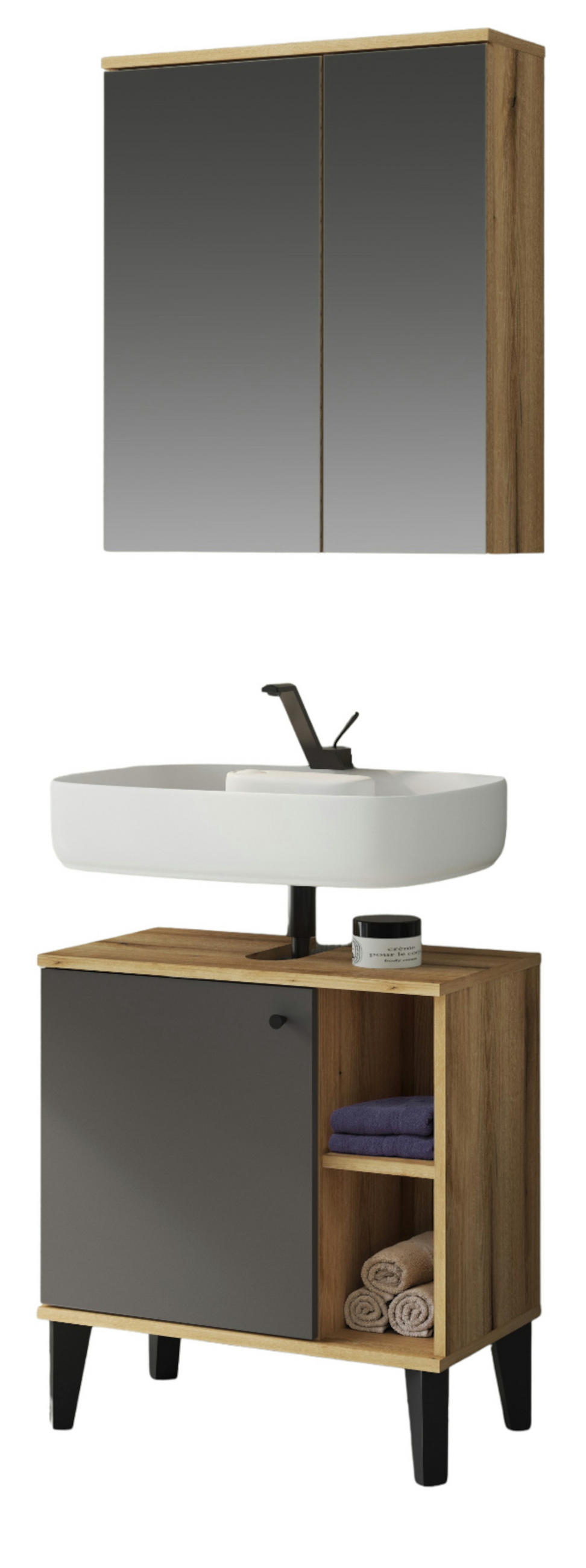 BADMÖBEL-SET 2-teilig grau, Evoke Eiche, Badkombination, 60 cm - Eichefarben/Grau, Glas/Holzwerkstoff (60/190/33cm) - Furn.Design