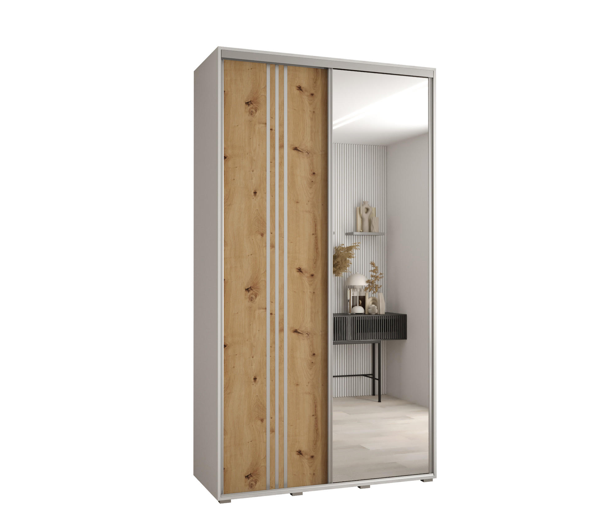 Abiks Möbel SCHWEBETÜRENSCHRANK Weiß, Eiche Artisan, Silber 130cm × 45cm × 235cm