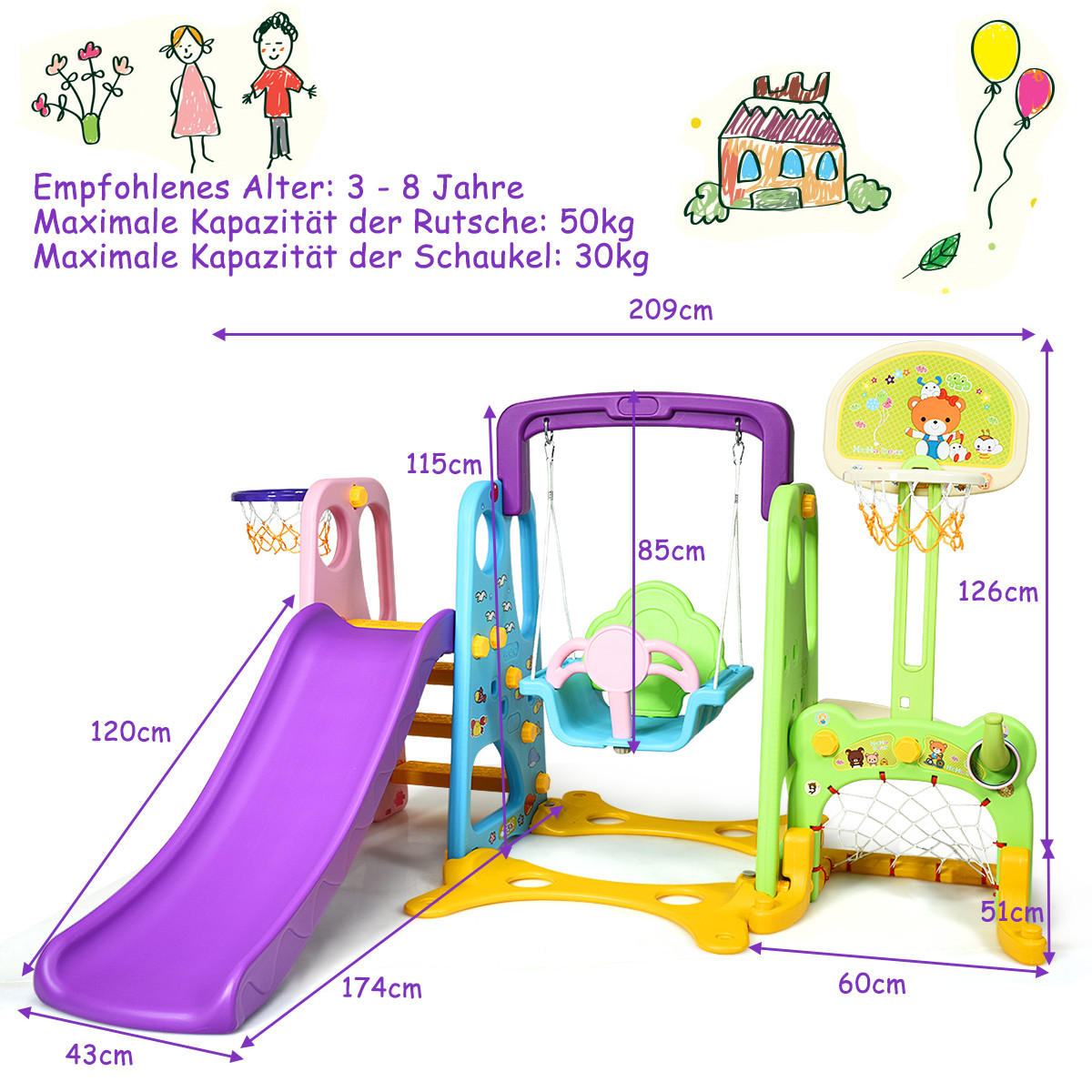 SPIELPLATZ kinder 6 in 1 Multicolor - Multicolor, Kunststoff (174/115/209cm) - COSTWAY