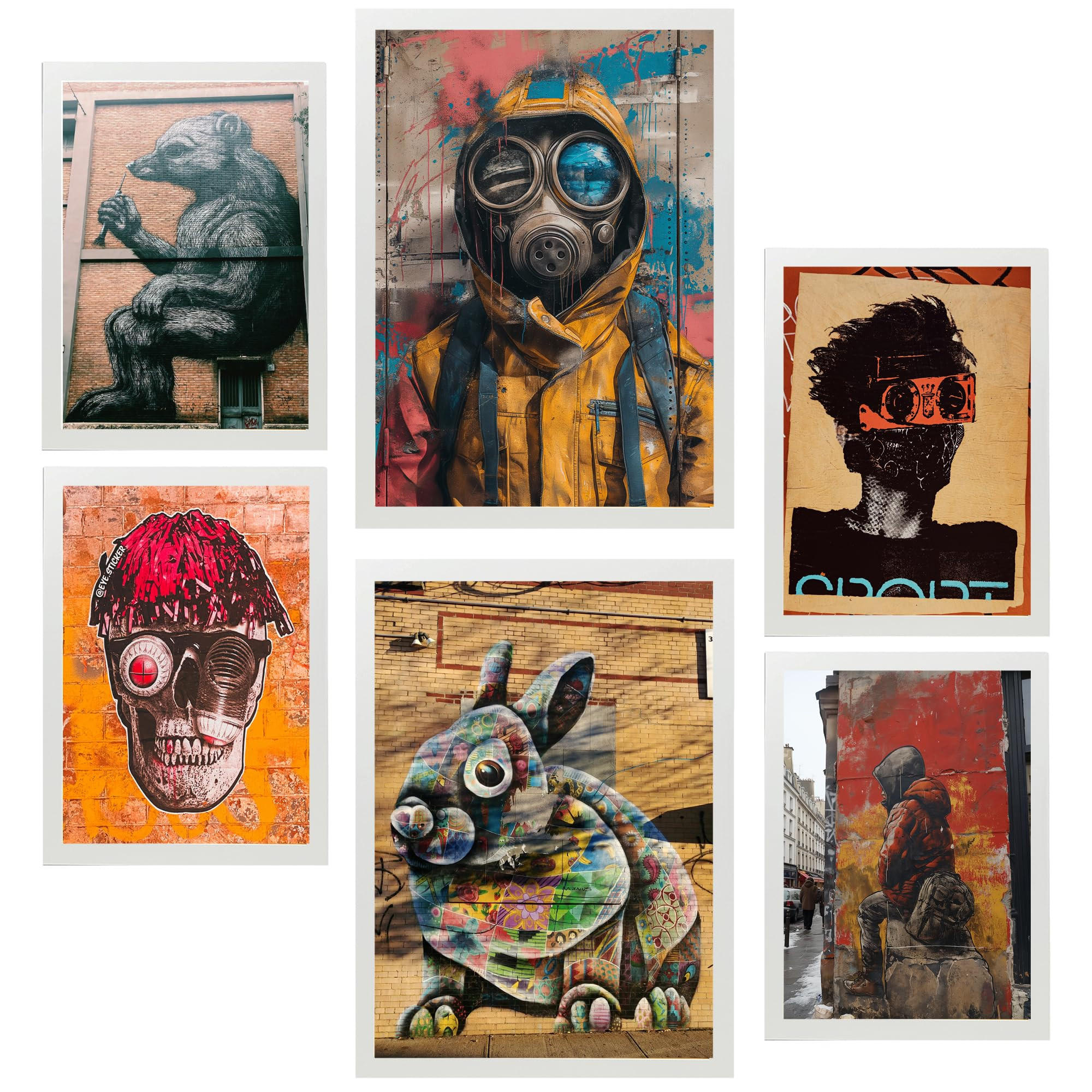POSTER Set Mit 6 Graffiti Straßenkunst Im Banksy In Brauntönen A3 & A4 Weißer Rahmen - Weiß, Papier (29/3cm) - Nacnic
