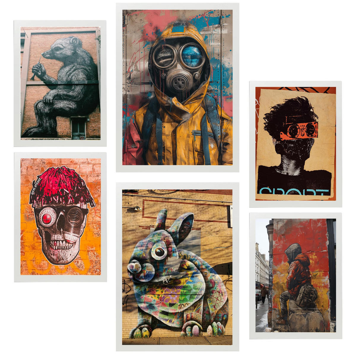 POSTER Set Mit 6 Graffiti Straßenkunst Im Banksy In Brauntönen A3 & A4 Weißer Rahmen - Weiß, Papier (29/3cm) - Nacnic