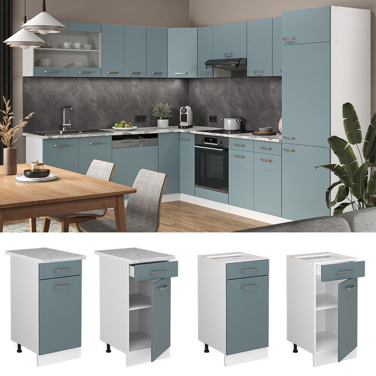 KÜCHENUNTERSCHRANK R-Line Blau-Grau 40 cm, AP Eiche - Blaugrau/Weiß, Holzwerkstoff (40/81.6/60cm) - Vicco