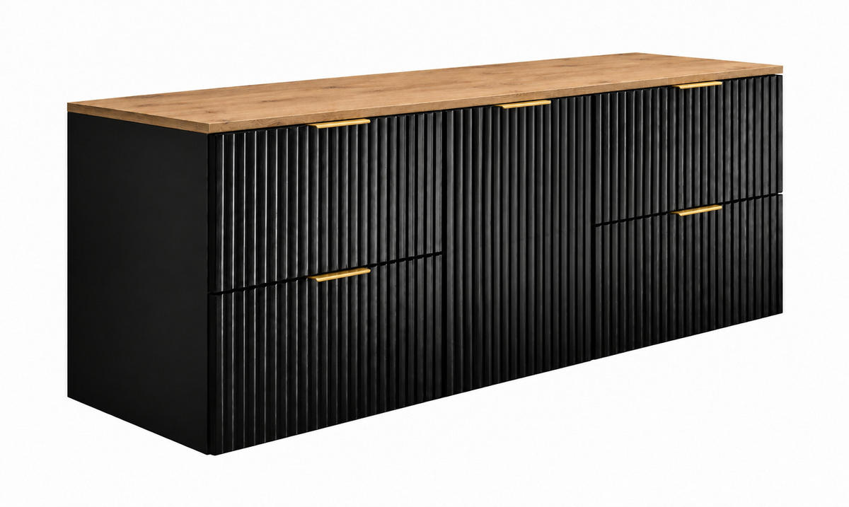 BADMÖBEL-SET MIT WÄSCHEKORB: Eiche Craft, Griffe Schwarz, 160 x 46 x 57 cm - Eichefarben/Schwarz, Holzwerkstoff (160/57/46cm) - 3XE LIVING