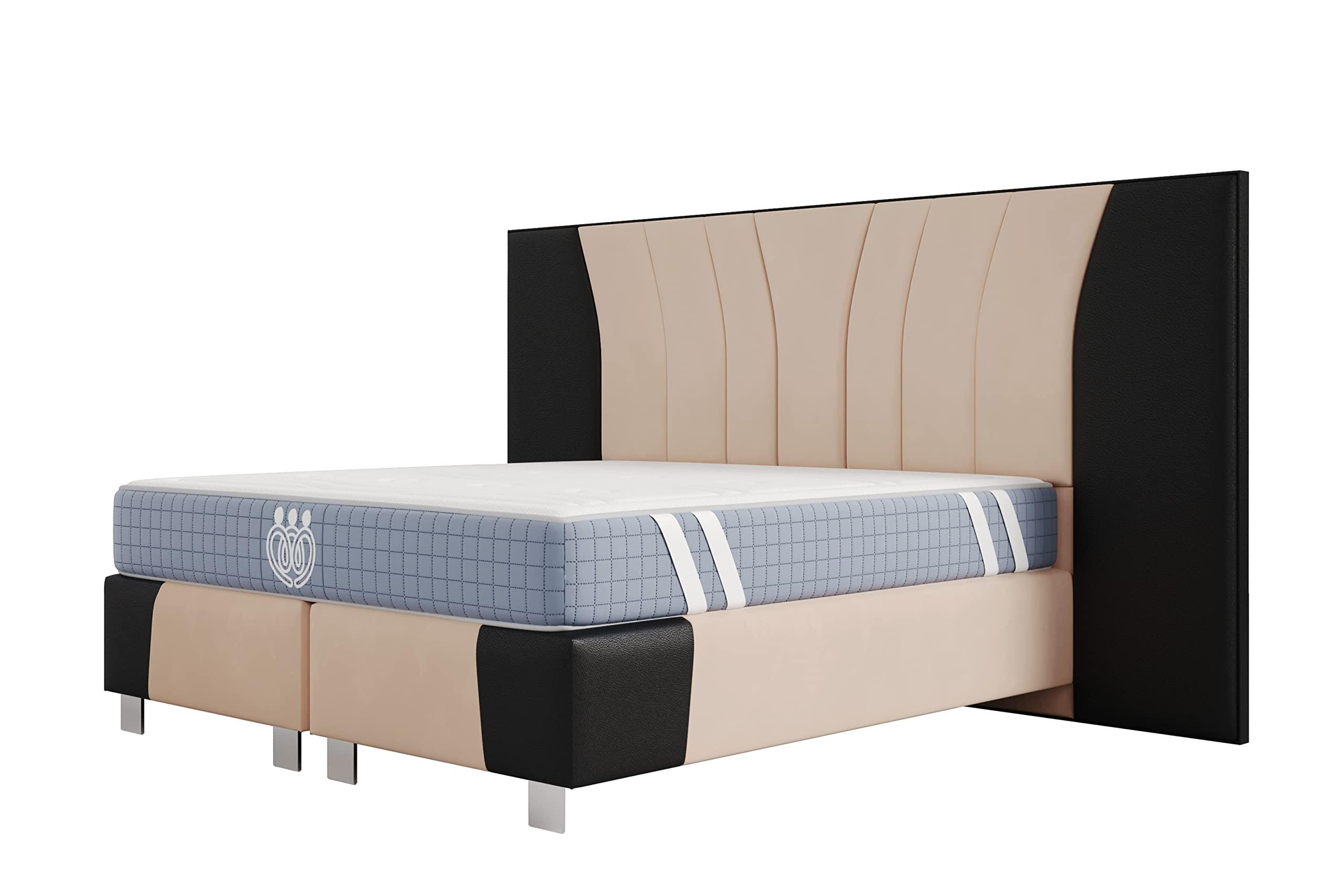 BOXSPRINGBETT IMPERIAL 160x200 cm, Aus Leder und Velvet Bezug, Schwarz Leder + Beige Velvet - Beige, Leder/Holz (160/200cm) - Trada