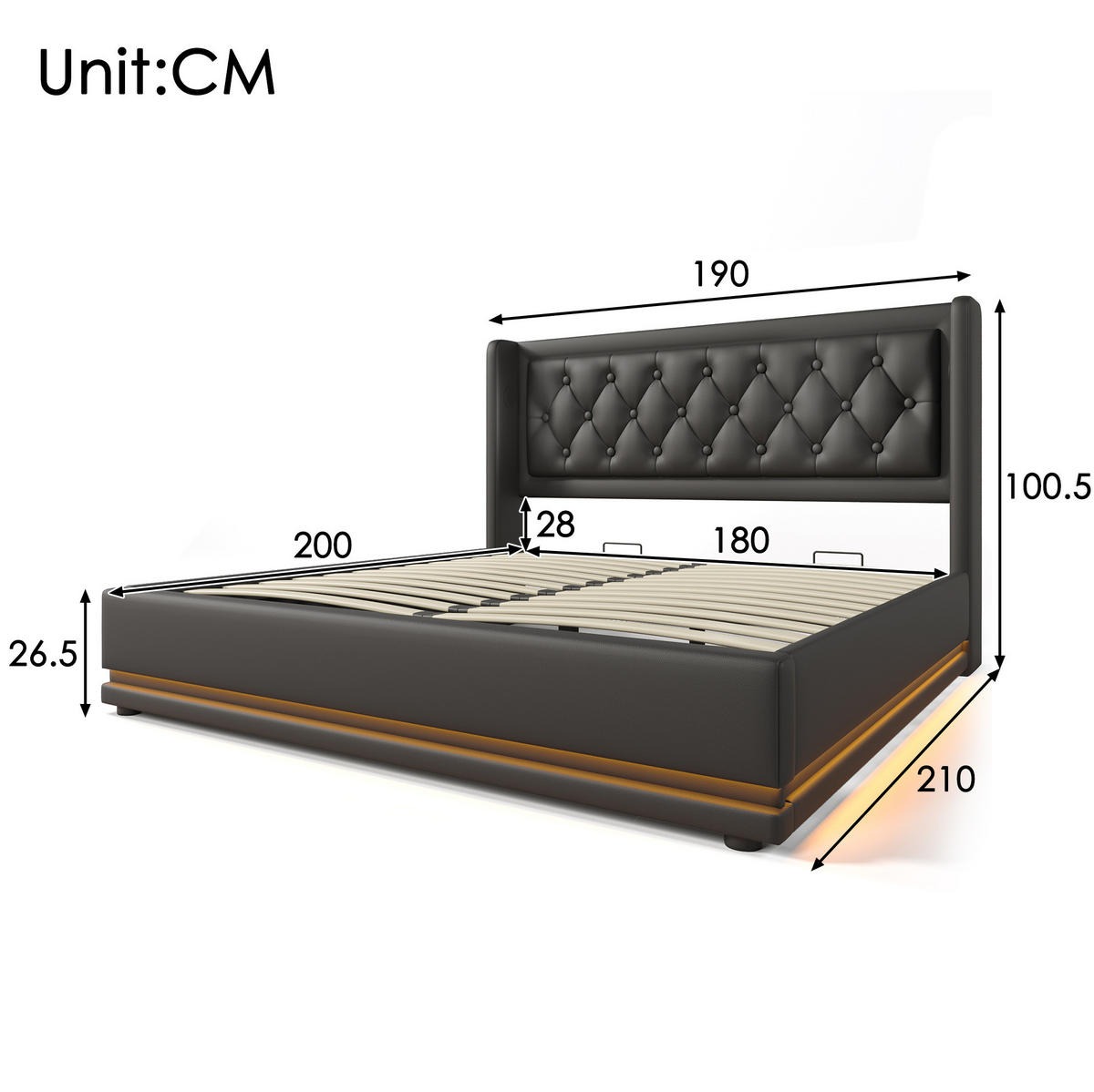 POLSTERBETT mit Bettkasten 180x200 cm PU Schwarz mit USB, Typ-C und LED - Schwarz, Metall (180/200cm) - Meubliv