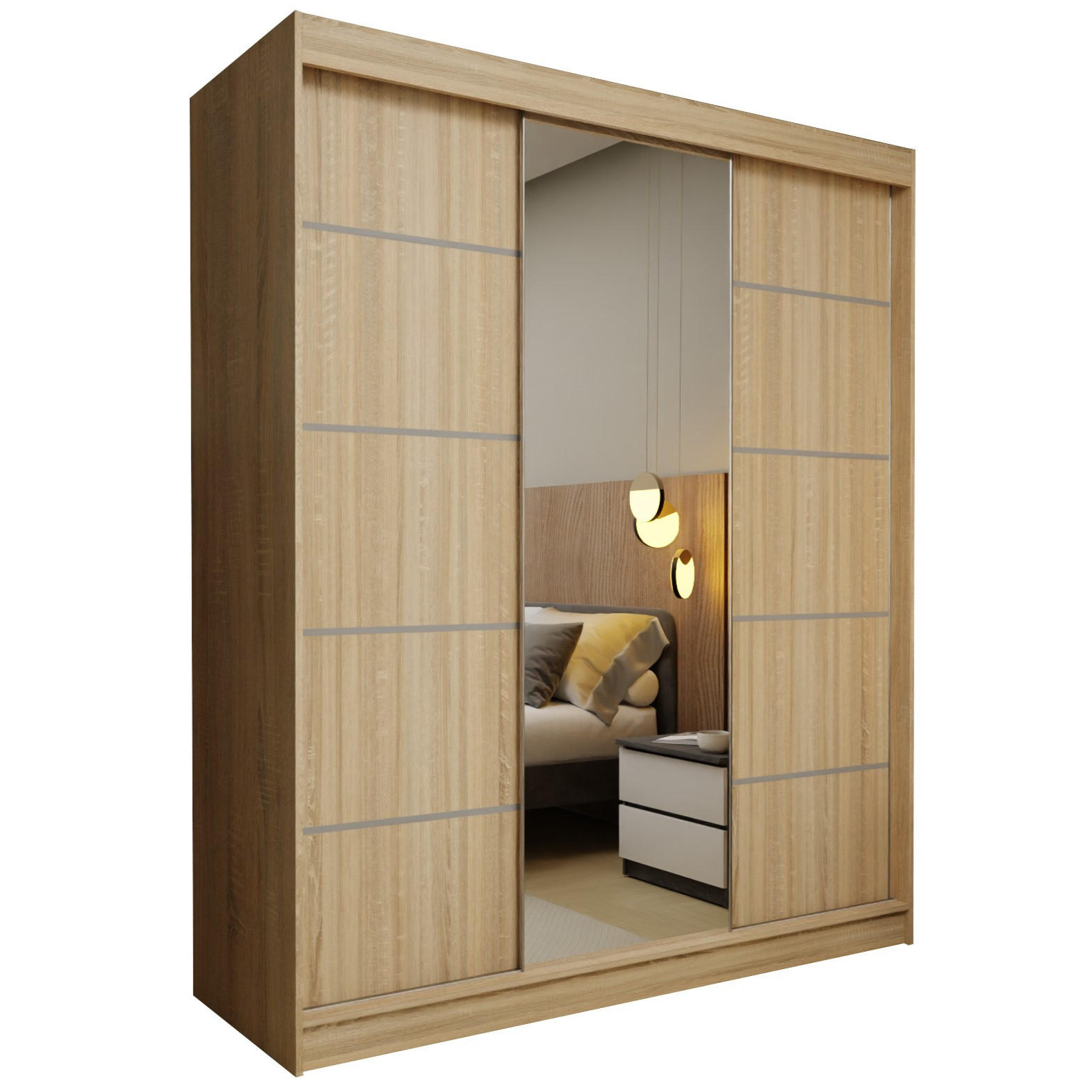 SCHWEBETÜRENSCHRANK MIRELLA 180/216/61 cm 3-türig mit Spiegel Sonoma Eiche - Sonoma Eiche, Holzwerkstoff (180/216/61cm) - MASSENO