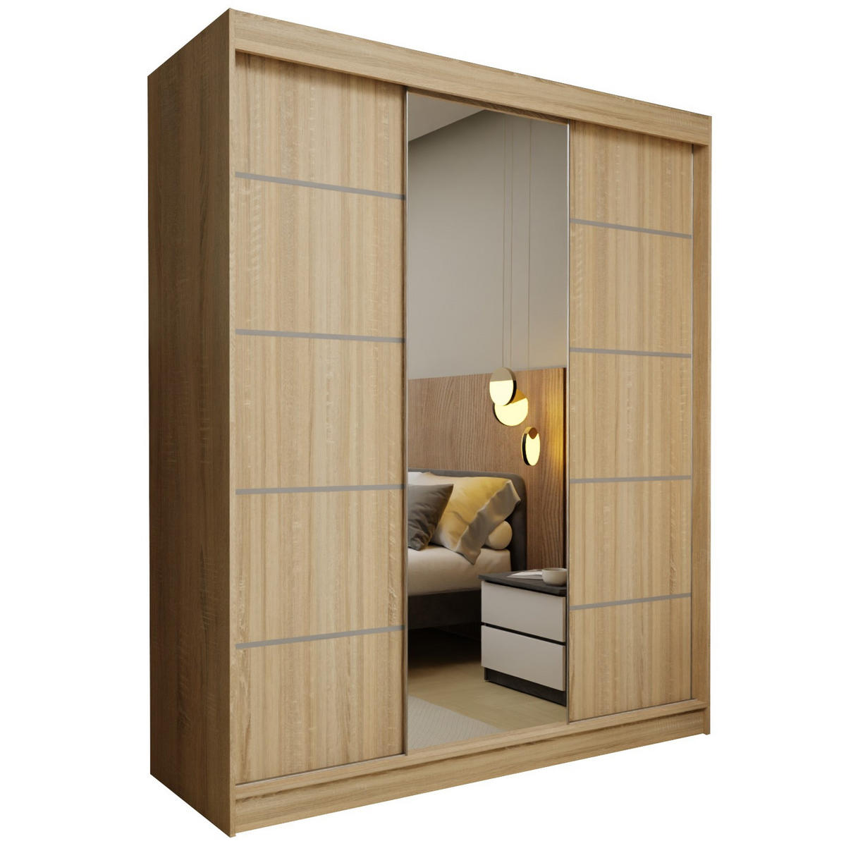 SCHWEBETÜRENSCHRANK MIRELLA 180/216/61 cm 3-türig mit Spiegel Sonoma Eiche - Sonoma Eiche, Holzwerkstoff (180/216/61cm) - MASSENO