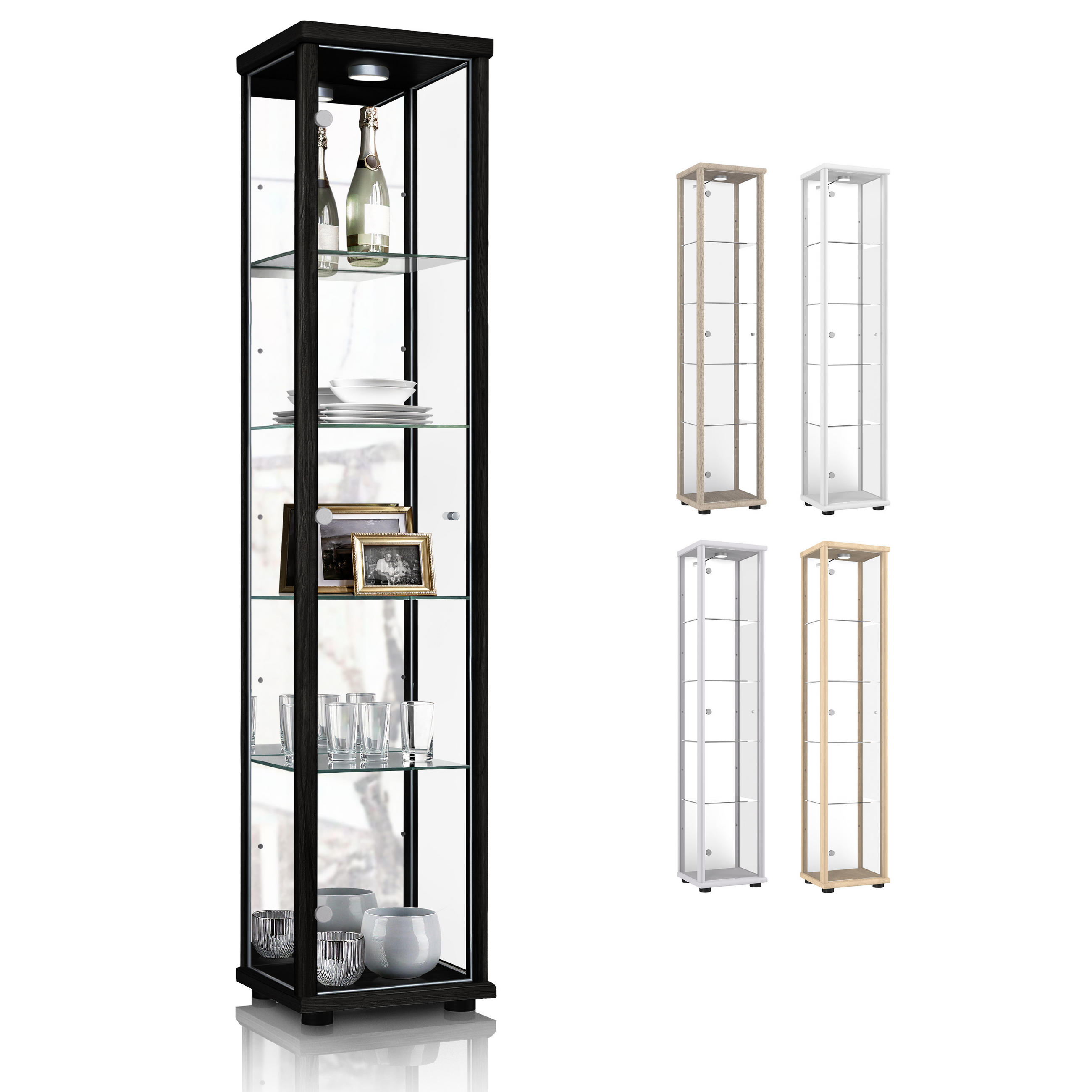 GLASVITRINE 33/37/176 cm mit Spiegel, LED & 4 höhenverstellbaren Glasböden - Transparent/Silberfarben, Glas/Holzwerkstoff (37/176/33cm) - K-Möbel