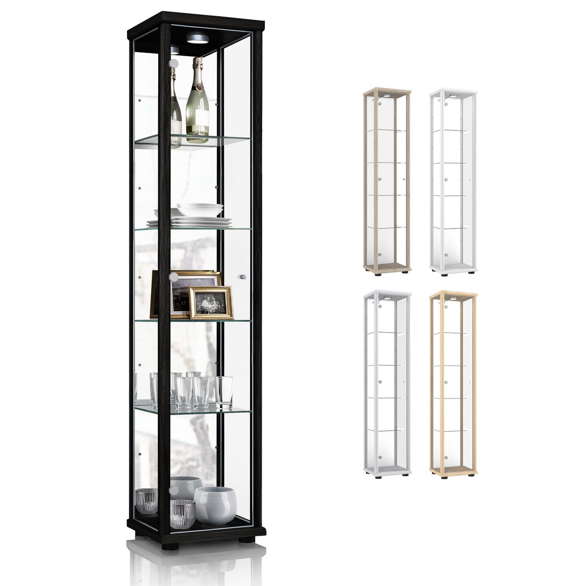 GLASVITRINE 33/37/176 cm mit Spiegel, LED & 4 höhenverstellbaren Glasböden - Transparent/Silberfarben, Glas/Holzwerkstoff (37/176/33cm) - K-Möbel