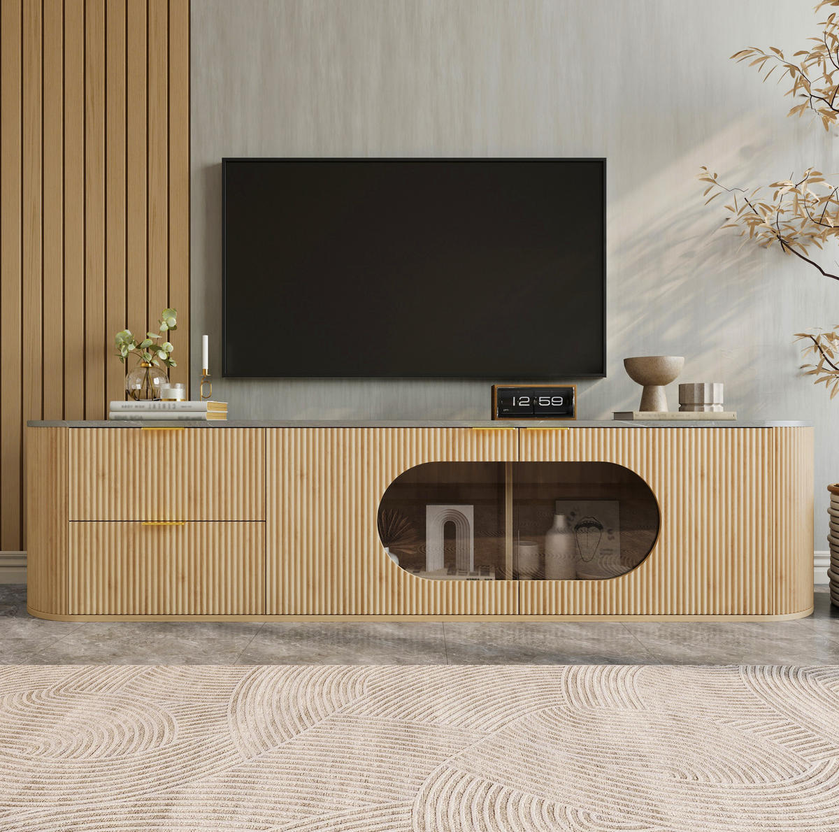TV-SCHRANK aus MDF und Glas 172x38x45,5 cm Natur mit Stauraum, ovaler Glasvitrine und 3D-Türfronten - Hellbraun, Holzwerkstoff (172/45.5/38cm) - Modfu