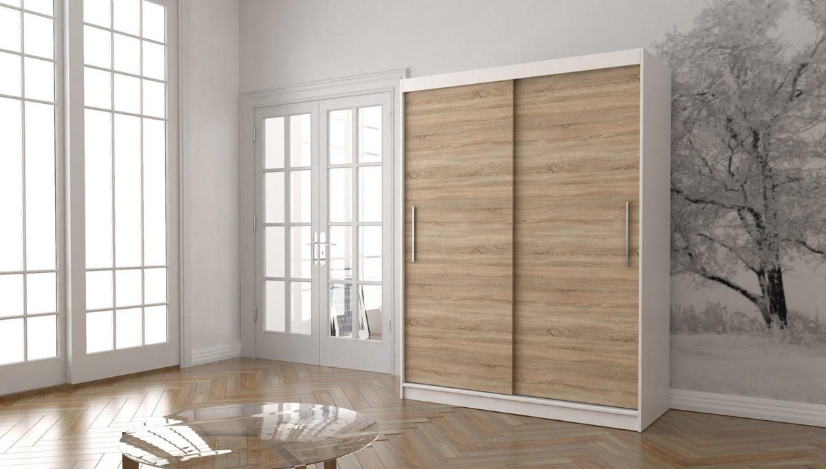 SCHIEBETÜRENSCHRANK -LARA 04 (Weiß + Sonoma) - Weiß/Sonoma Eiche, Holzwerkstoff/Metall (150/200/61cm) - Möblo