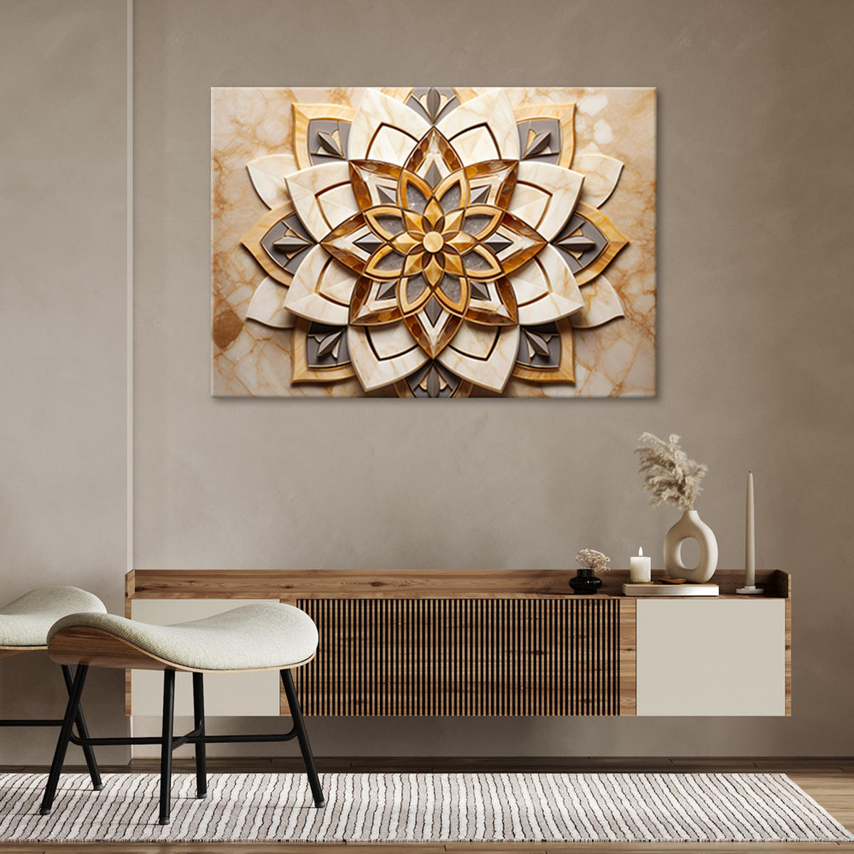 LEINWANDBILD AI Blumen Mandala 3D 60x40cm - Beige, Textil (60/40cm) - Feeby