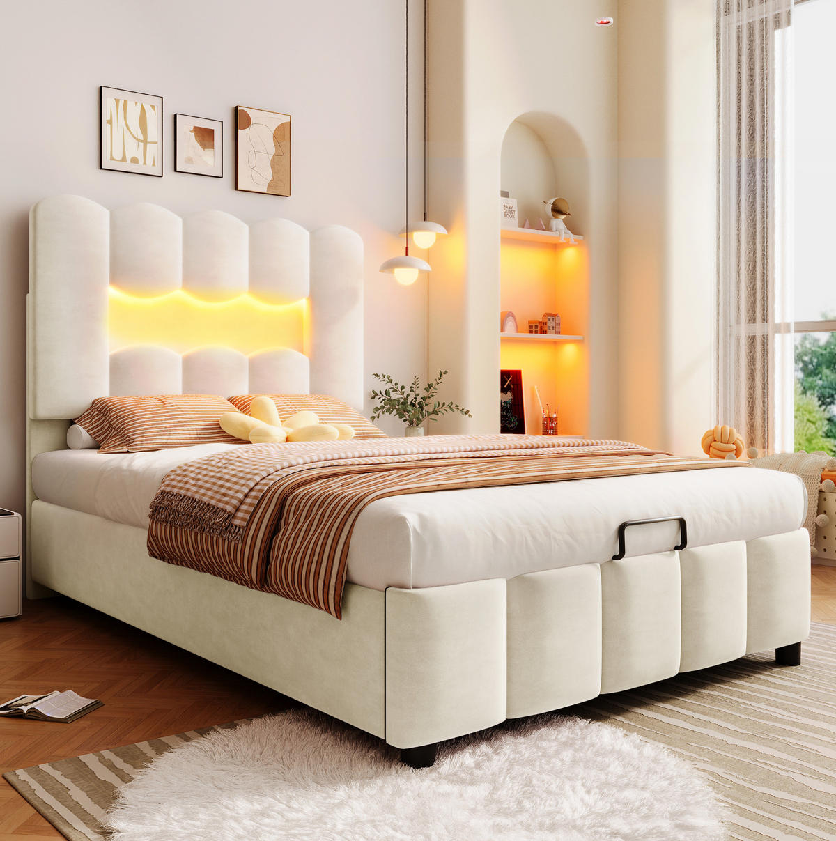 POLSTERBETT 90/200 cm mit LED-Beleuchtung, hydraulischem Bettkasten und verstellbarem Kopfteil, Beige - Beige, Textil (90/200cm) - Redom