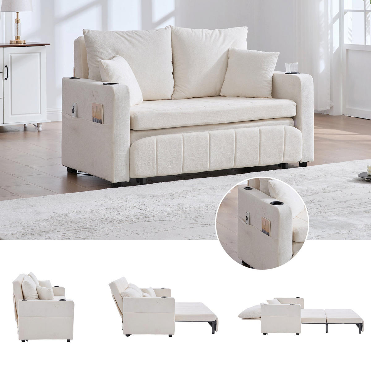 SCHLAFSOFA aus chenille mit bettfunktion, usb-anschluss & becherhaltern - Beige, Textil (139/83/73cm) - Urban Meuble