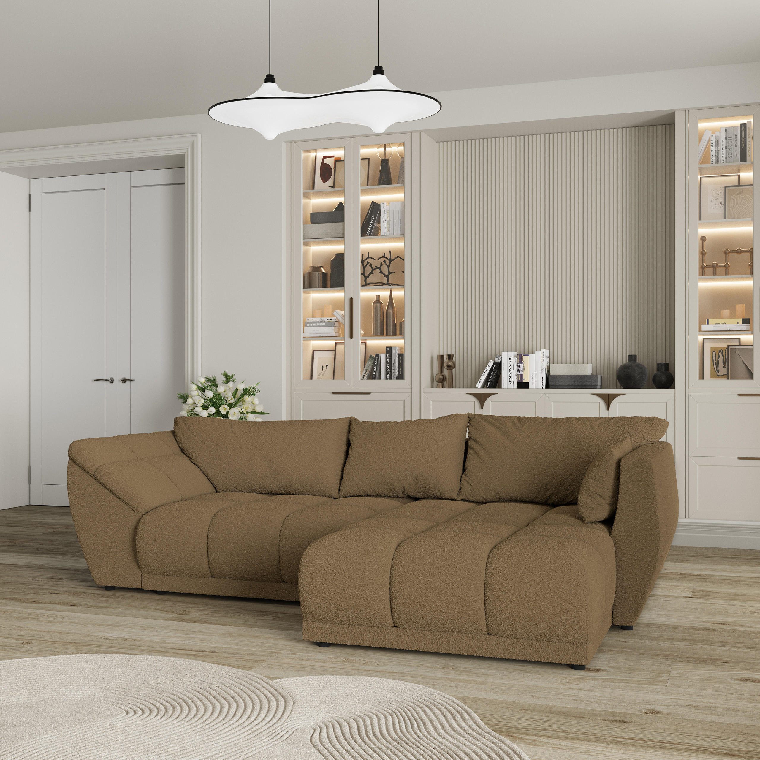 ECKSOFA ORENTI R-S Orange Boucle-Stoff mit Schlaffunktion - Orange, Holz (287/182cm) - MASSENO