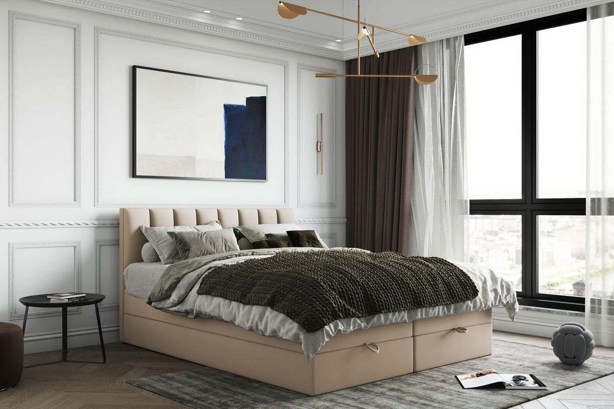 BOXBETT mit Bettkästen und Matratze - Bett Gusto mit Topper aus Memory Visco - Beige - 180 x 200 cm - Beige, Holzwerkstoff/Kunststoff (180/200cm) - Trada