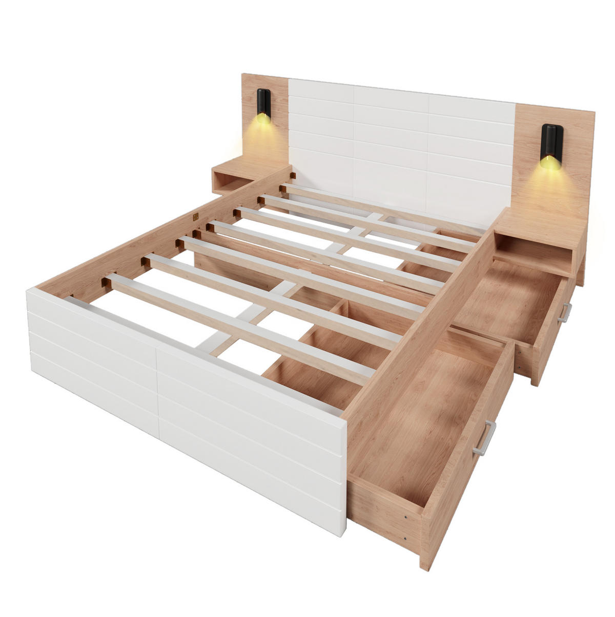 DOPPELBETT 180/200 cm mit Leselicht, USB-Anschluss, 2 Schubladen und 2 Nachtkommoden, Weiß/Eiche - Weiß, Holzwerkstoff (180/200cm) - Redom