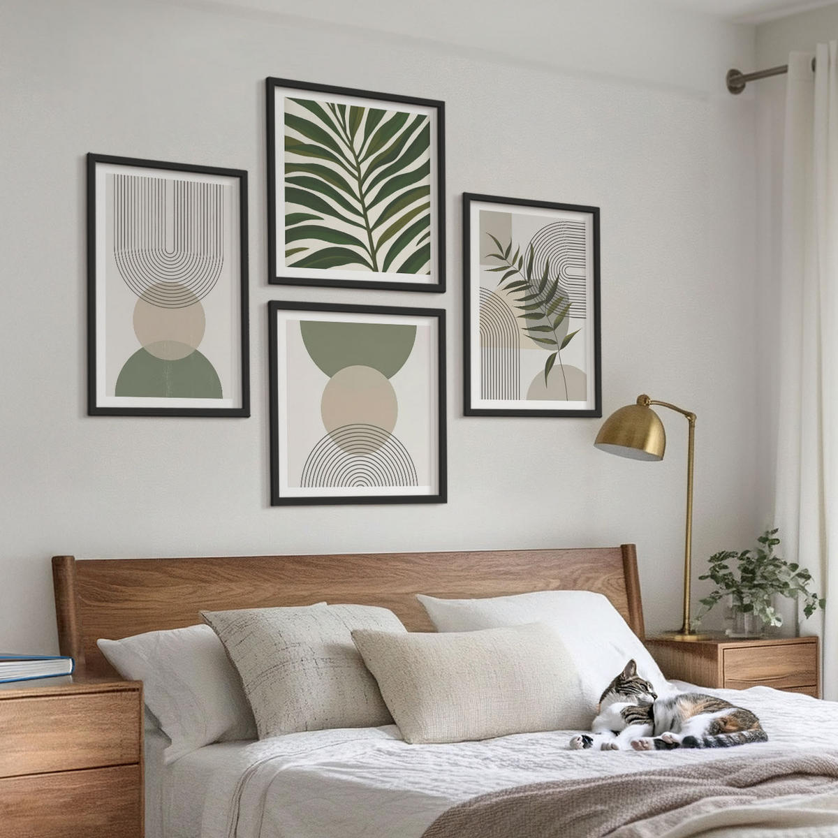 BILDER SET 4er Set - 50x50 cm & 40x60 cm Schwarzer Rahmen - Abstrakte Blätter im Boho-Stil - Schwarz, Kunststoff (50/50cm) - TULUP