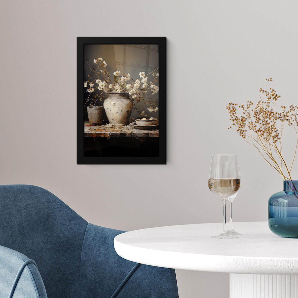 GERAHMTES BILD Stilleben - Blumen - Blumenstrauß - Vase - Wein 20x30 cm - Schwarz, Papier (20/30cm) - MuchoWow