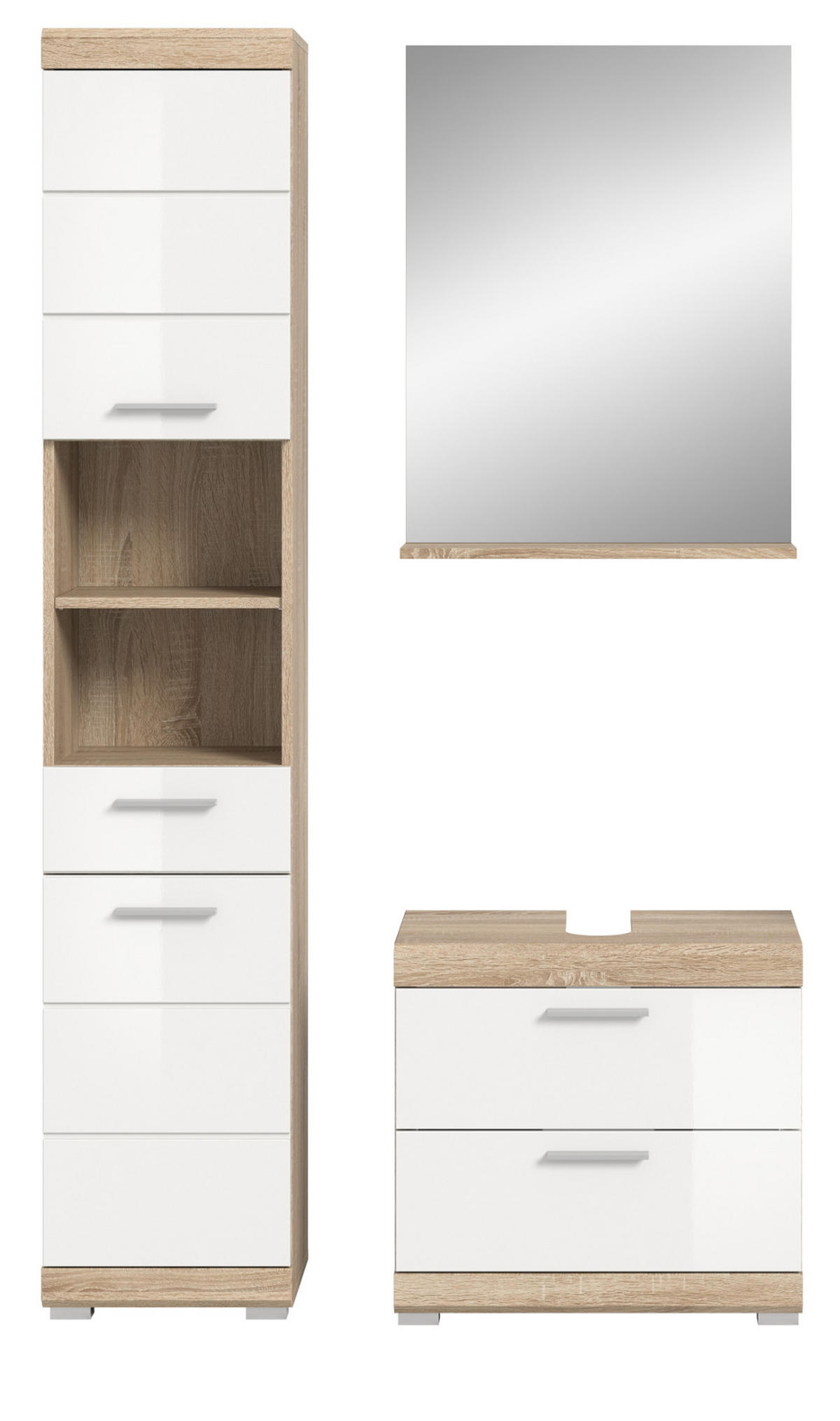 BADMÖBEL-SET weiß Hochglanz, Eiche 3-teilig 112 cm, viel Stauraum - Weiß Hochglanz/Eichefarben, Holzwerkstoff (112/191/37cm) - Inn.Furn