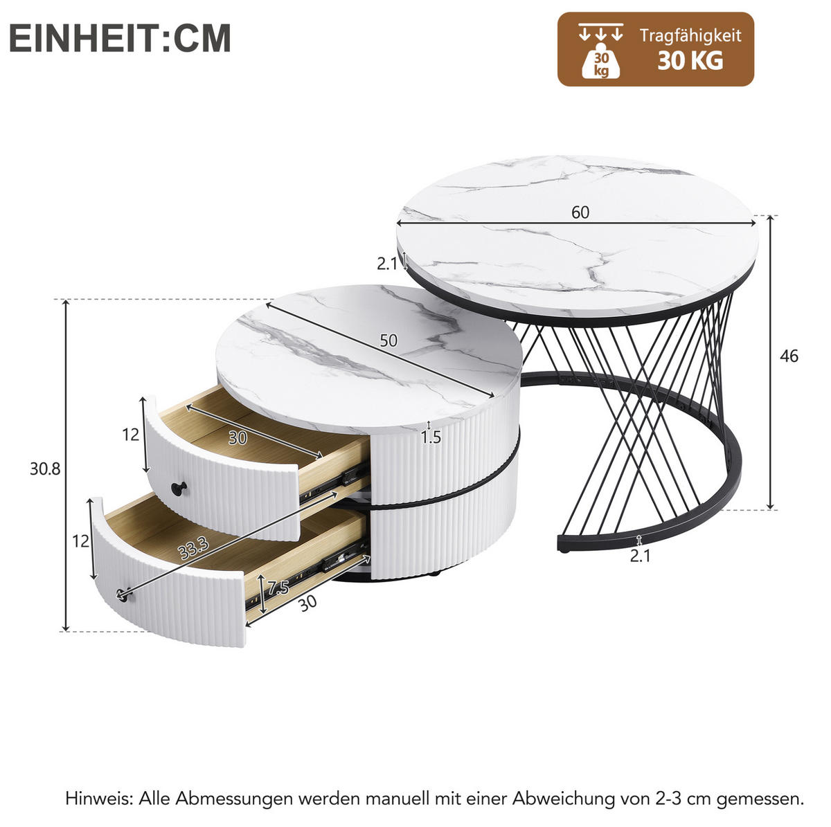 COUCHTISCH-SET 60/60/46 & 50/50/31 cm in Weiß mit Schubladen und Marmoroptik - Weiß, Holzwerkstoff (60/60/46cm) - Flora Grace
