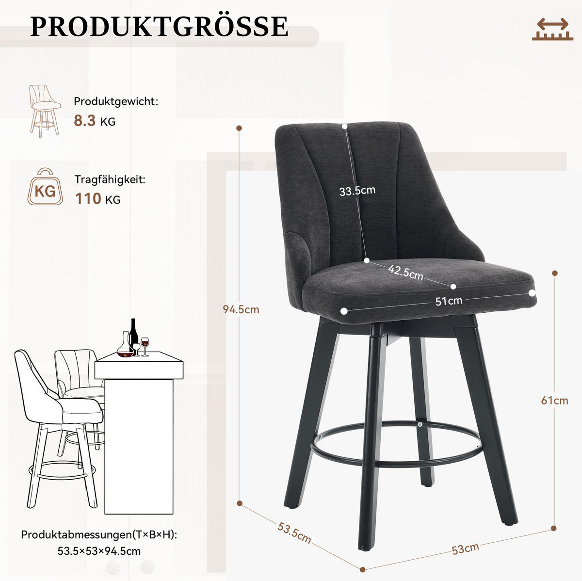 BARHOCKER drehbar mit Rückenlehne 53 x 53,5 x 94,5 cm Grau 2er-Set - Grau, Metall (53/94.5/53.5cm) - Meubliv