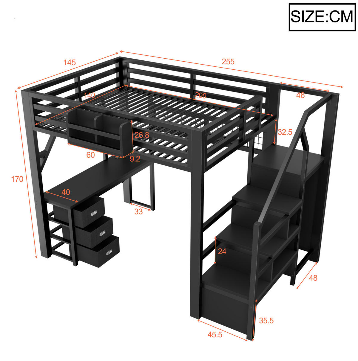 HOCHBETT 140x200 cm in Schwarz mit Schreibtisch, Kleiderschrank und LED-Beleuchtung - Schwarz, Holzwerkstoff (140/200cm) - IVMEU