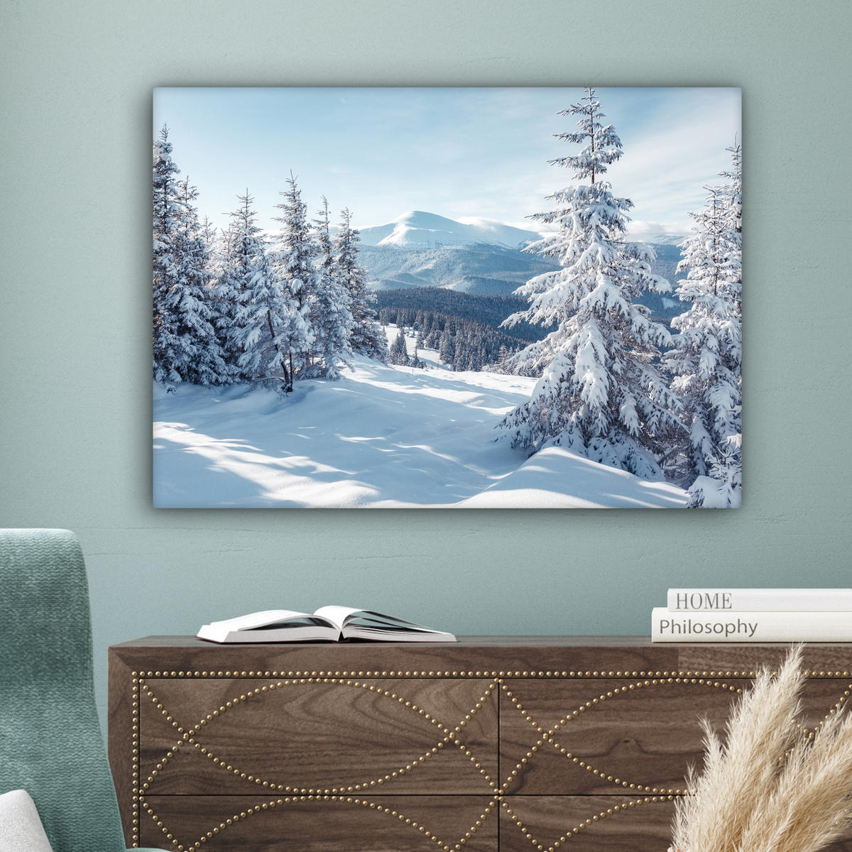 LEINWANDBILD Winterlandschaft - Natur - Berge - Bäume - Schnee Wandbilder 80x60 cm - Hellblau, Textil (80/60cm) - MuchoWow