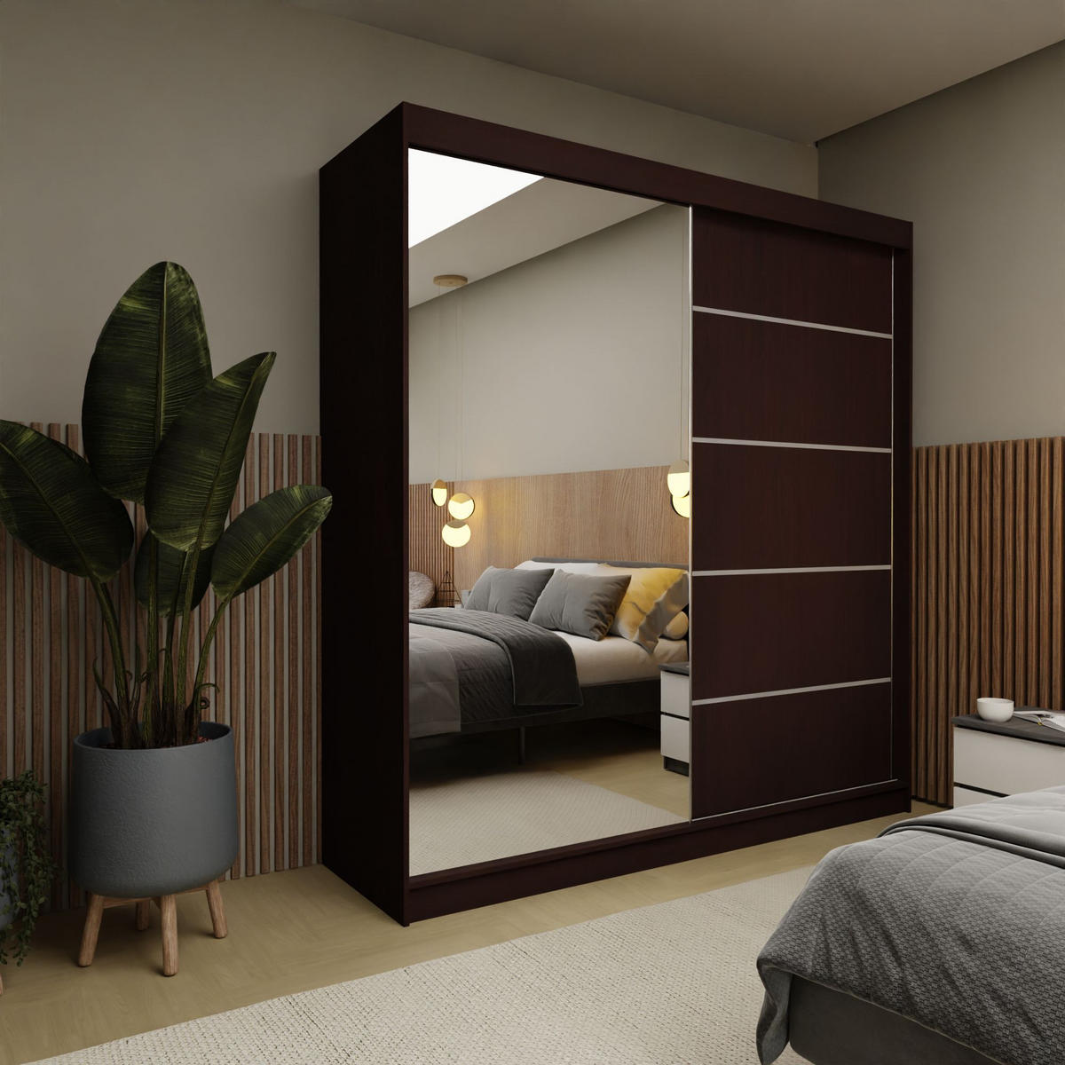 SCHWEBETÜRENSCHRANK MIRELLA 200/216/61 cm 2-türig mit Spiegel Wengefarben - Wengefarben, Holzwerkstoff (200/216/61cm) - MASSENO