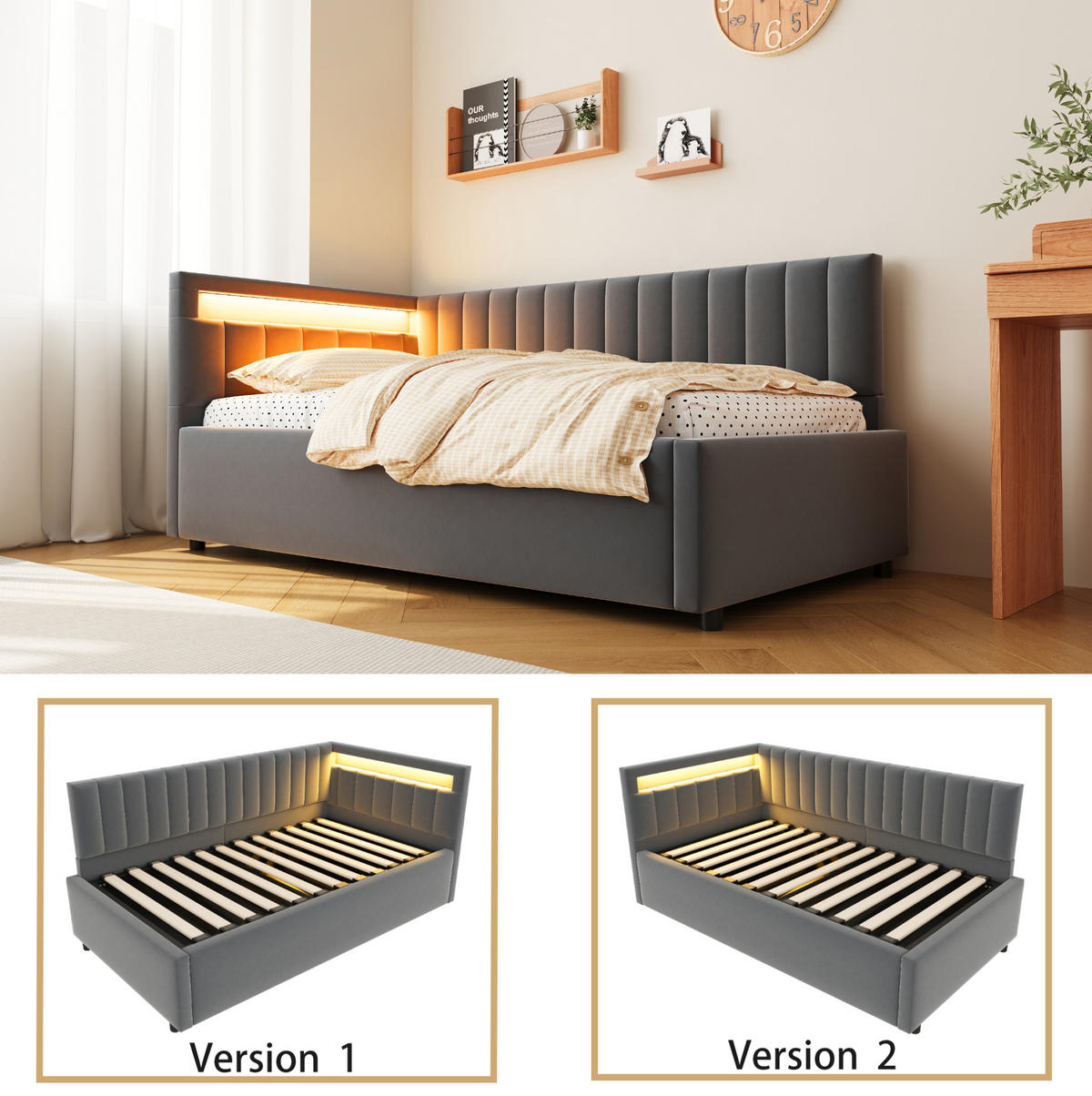 POLSTERBETT mit LED-Beleuchtung 90/200 cm mit Bettkasten, Samt Grau - Grau, Textil (90/200cm) - BEAOK